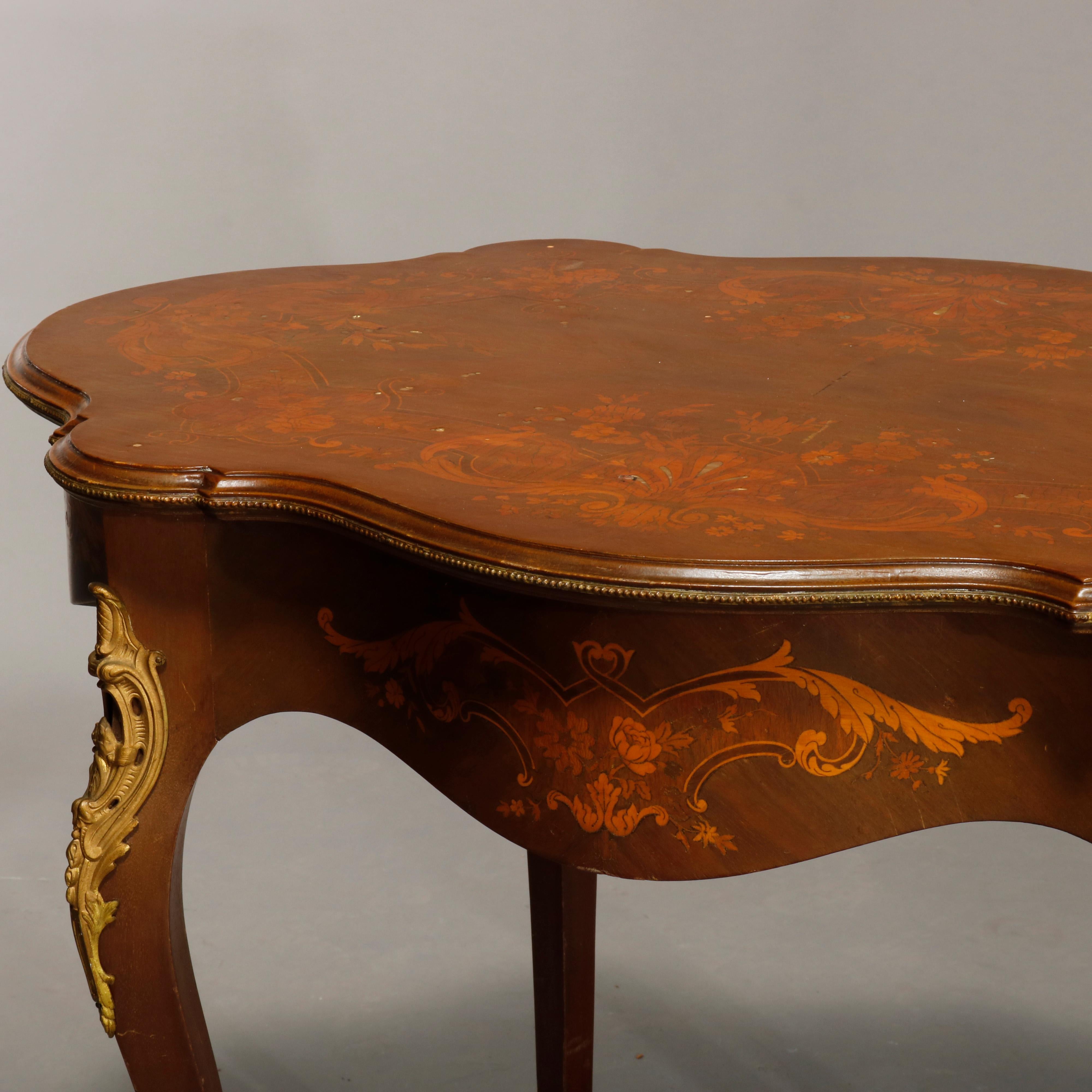 Carved Antique French Louis XIV Mahogany Marquetry & Ormolu Turtle Top Table, c1870