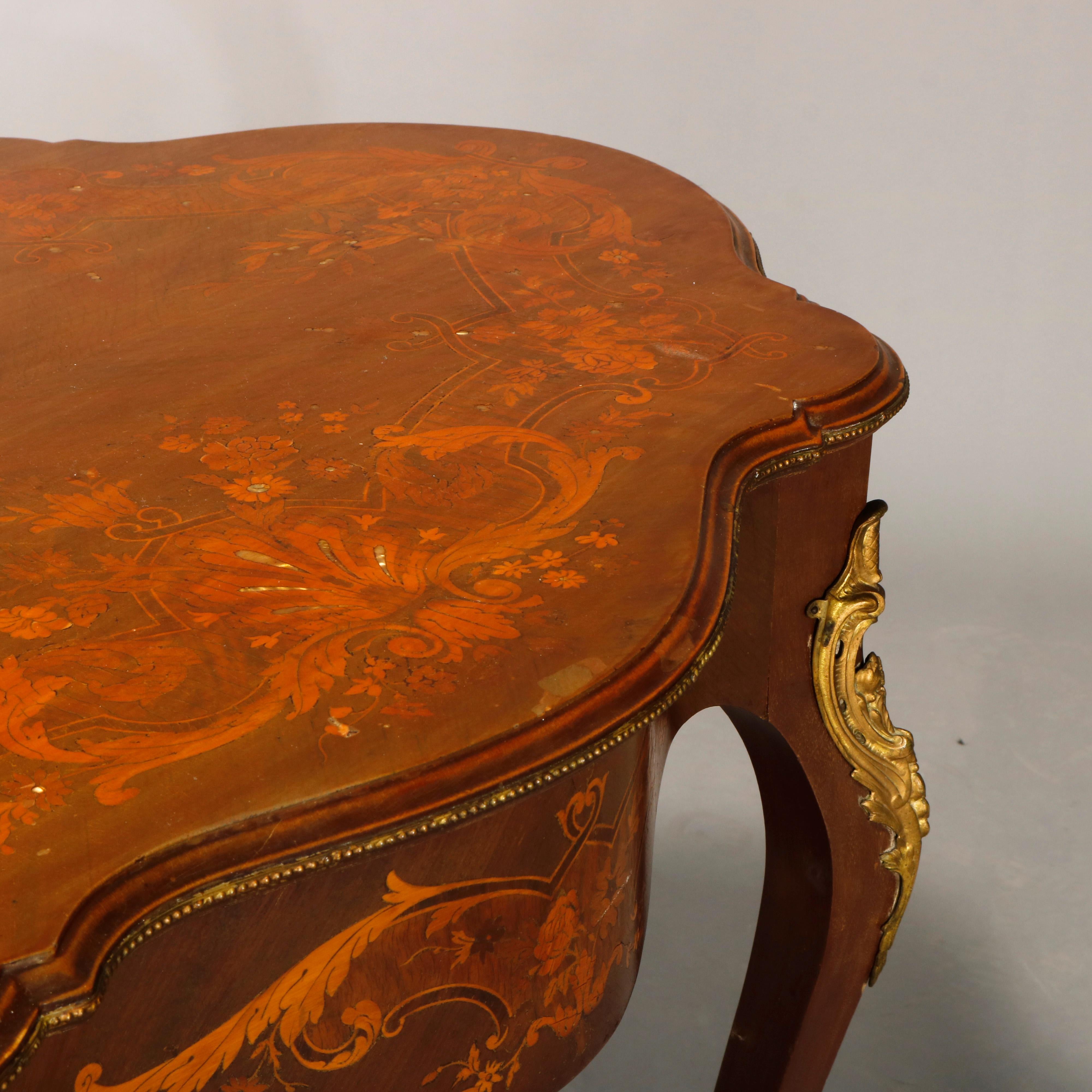 19th Century Antique French Louis XIV Mahogany Marquetry & Ormolu Turtle Top Table, c1870