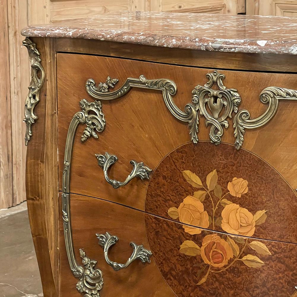 Antique French Louis XIV Marble Top Marquetry Bombe Commode For Sale 10