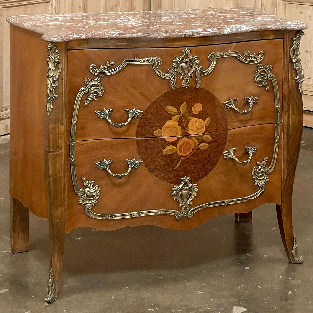 Hand-Crafted Antique French Louis XIV Marble Top Marquetry Bombe Commode For Sale