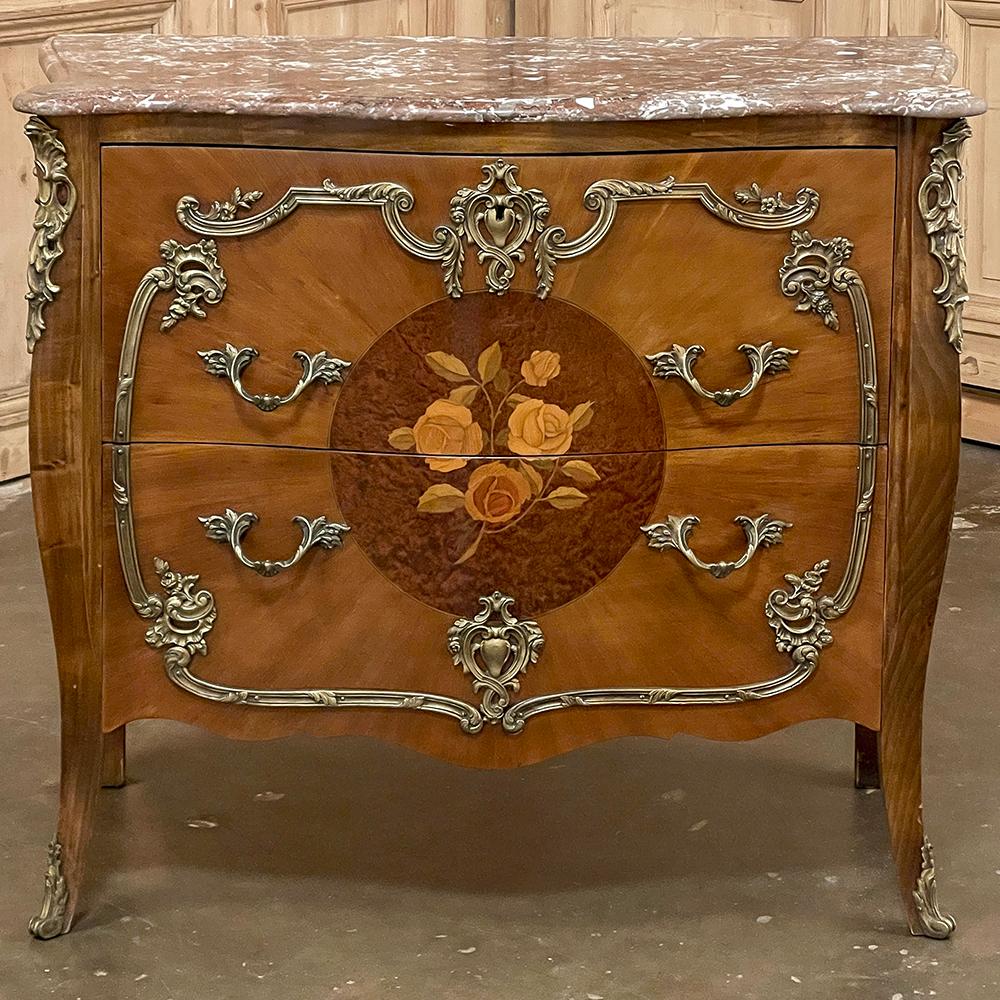 Antique French Louis XIV Marble Top Marquetry Bombe Commode In Good Condition For Sale In Dallas, TX