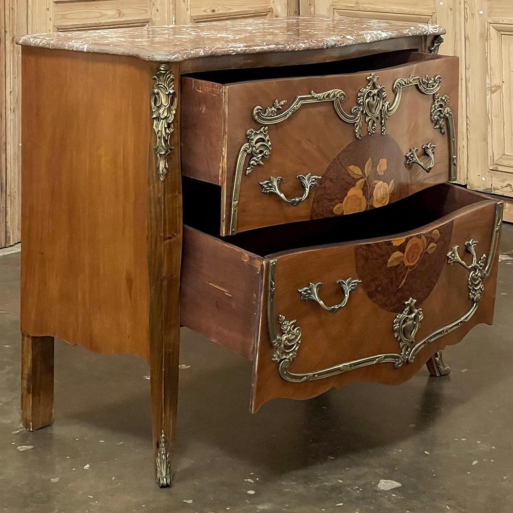 20th Century Antique French Louis XIV Marble Top Marquetry Bombe Commode For Sale