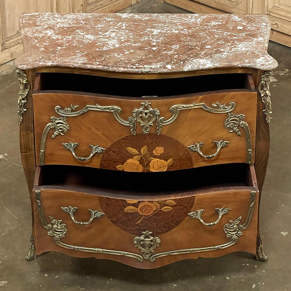 Bronze Antique French Louis XIV Marble Top Marquetry Bombe Commode For Sale