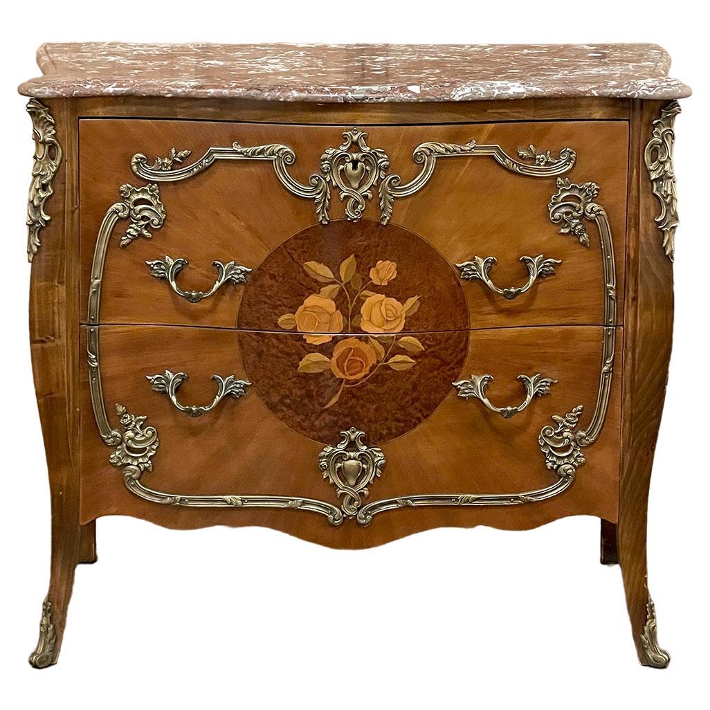 Antique French Louis XIV Marble Top Marquetry Bombe Commode For Sale