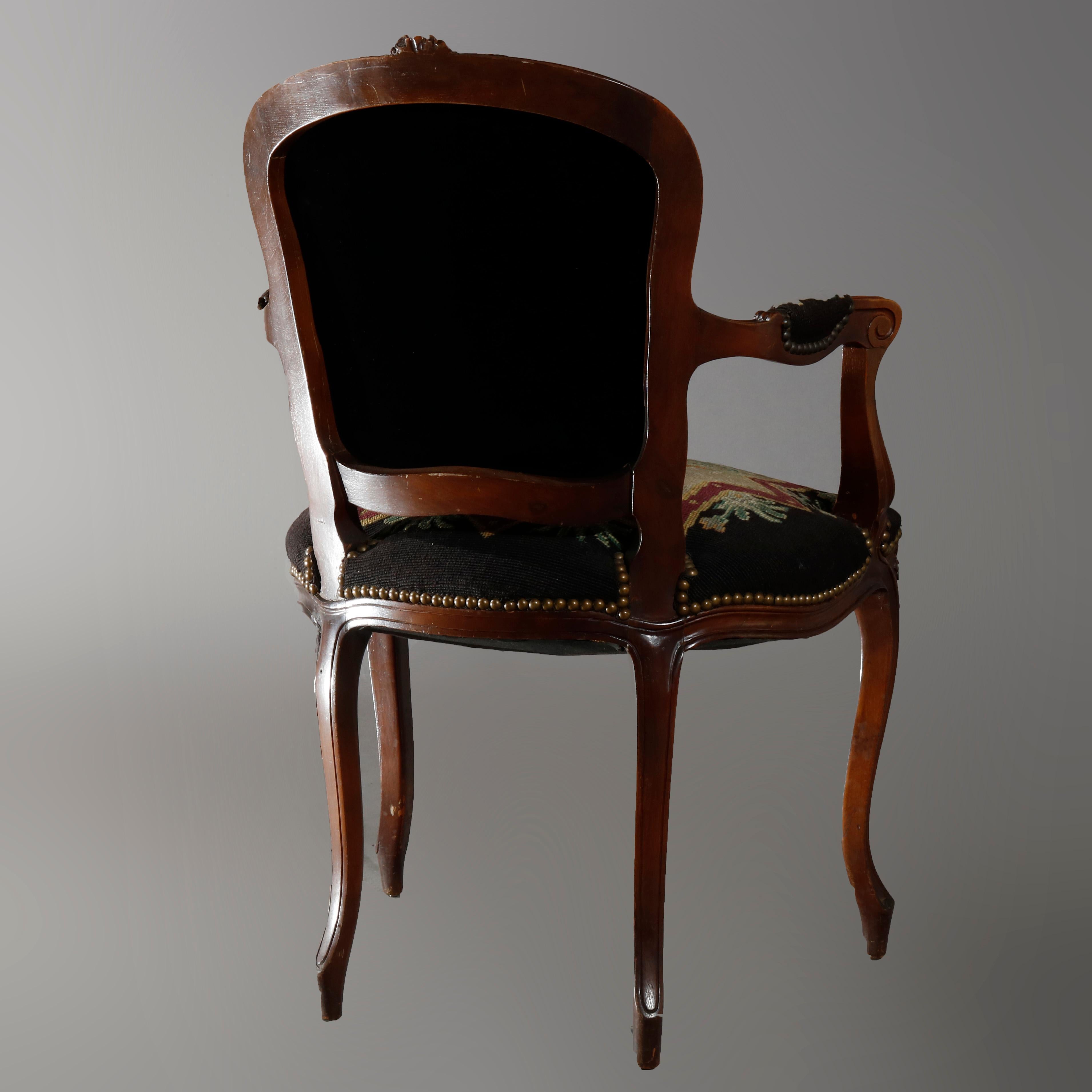 Carved Antique French Louis XIV Needlepoint Fauteuil Armchair, circa 1920