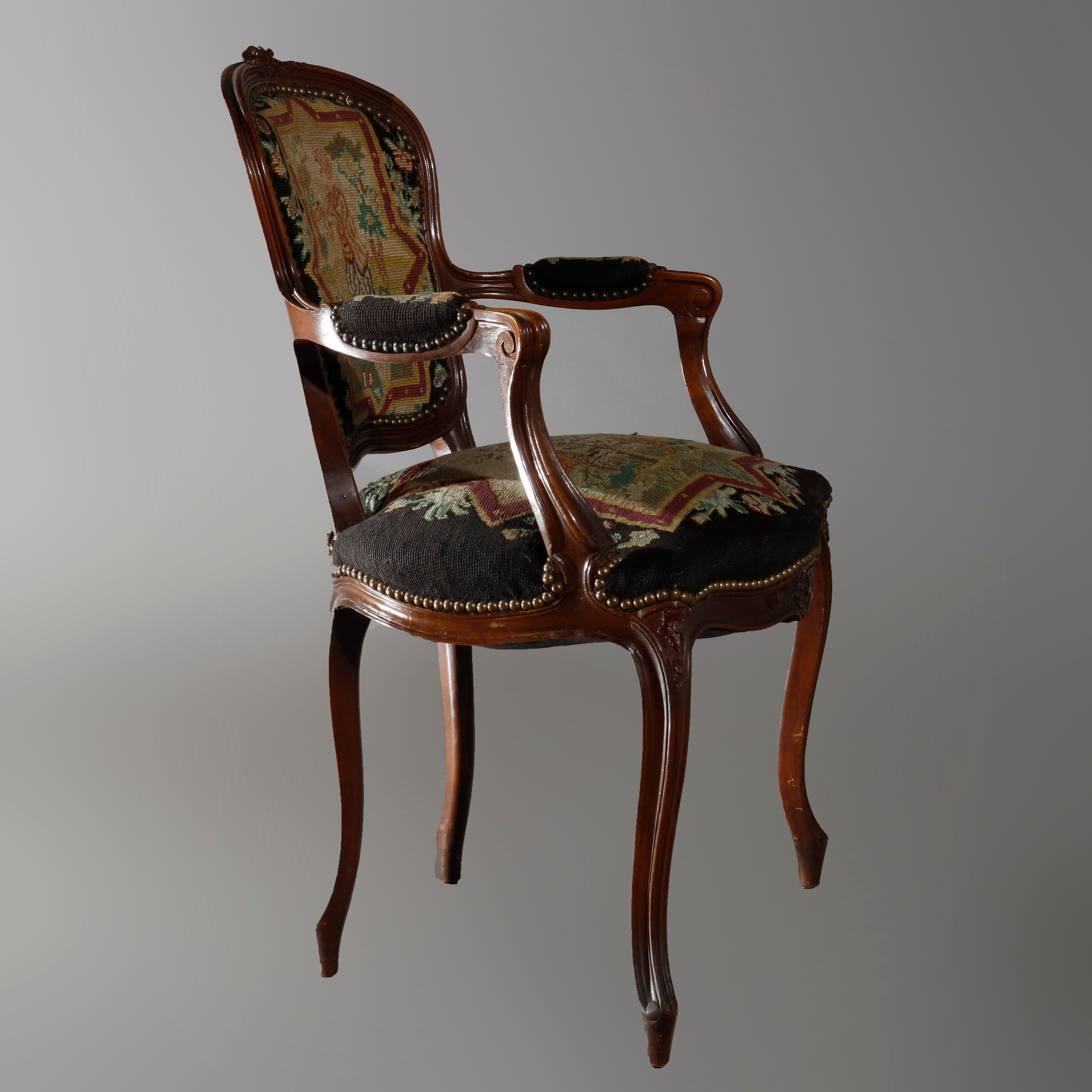 Antique French Louis XIV Needlepoint Fauteuil Armchair, circa 1920 In Good Condition In Big Flats, NY