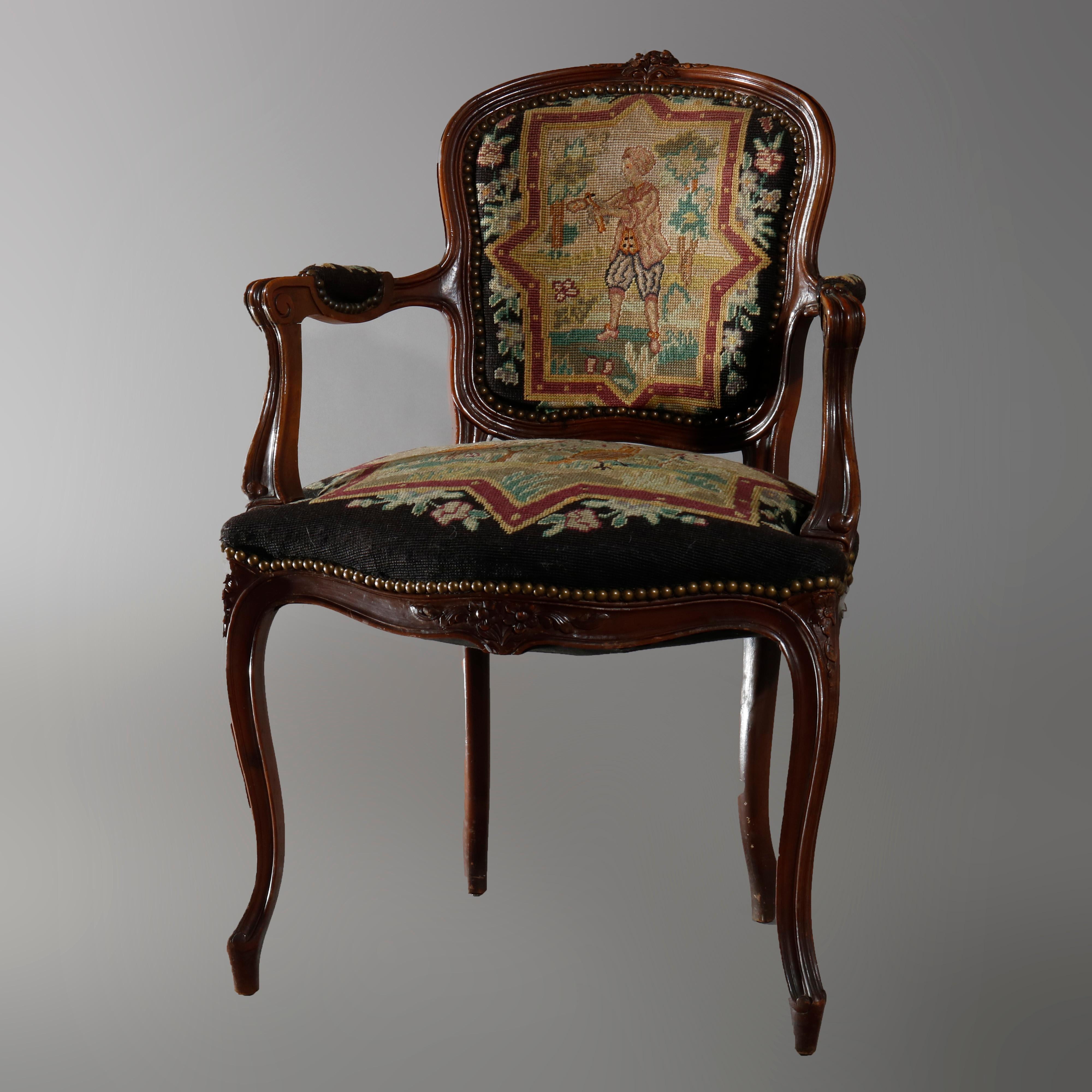 20th Century Antique French Louis XIV Needlepoint Fauteuil Armchair, circa 1920