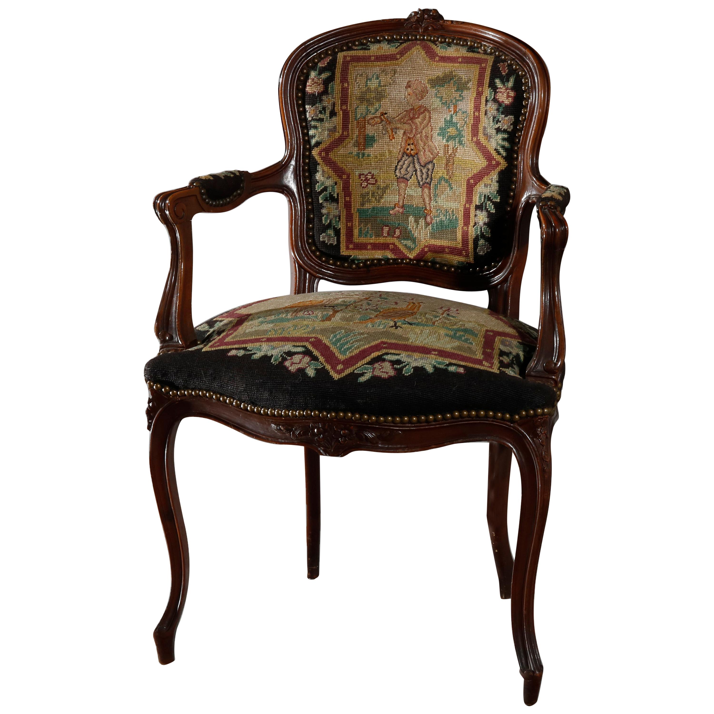 Antique French Louis XIV Needlepoint Fauteuil Armchair, circa 1920