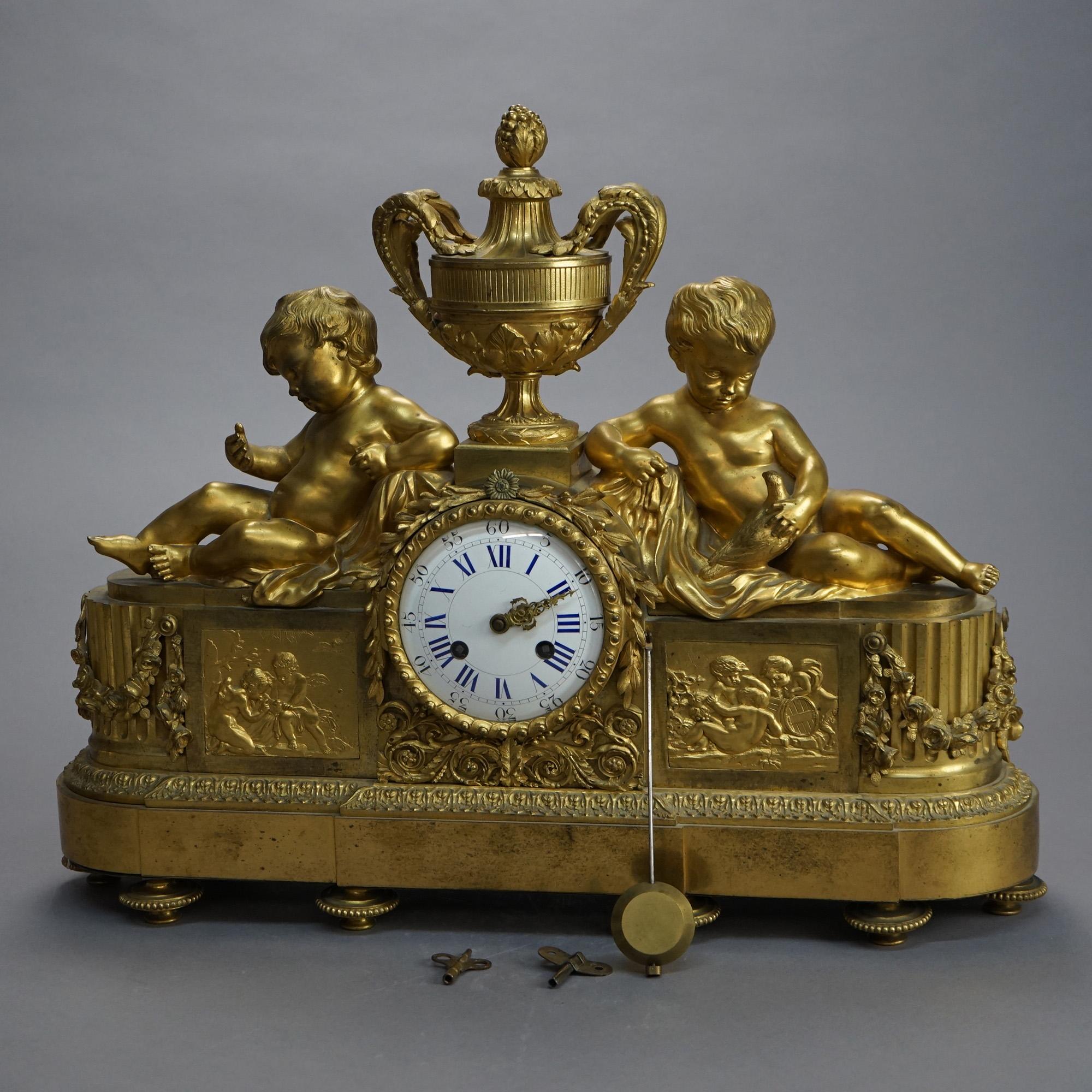 Antique French Louis XIV Neoclassical Figural Gilt Bronze Mantle Clock 19th C In Good Condition In Big Flats, NY