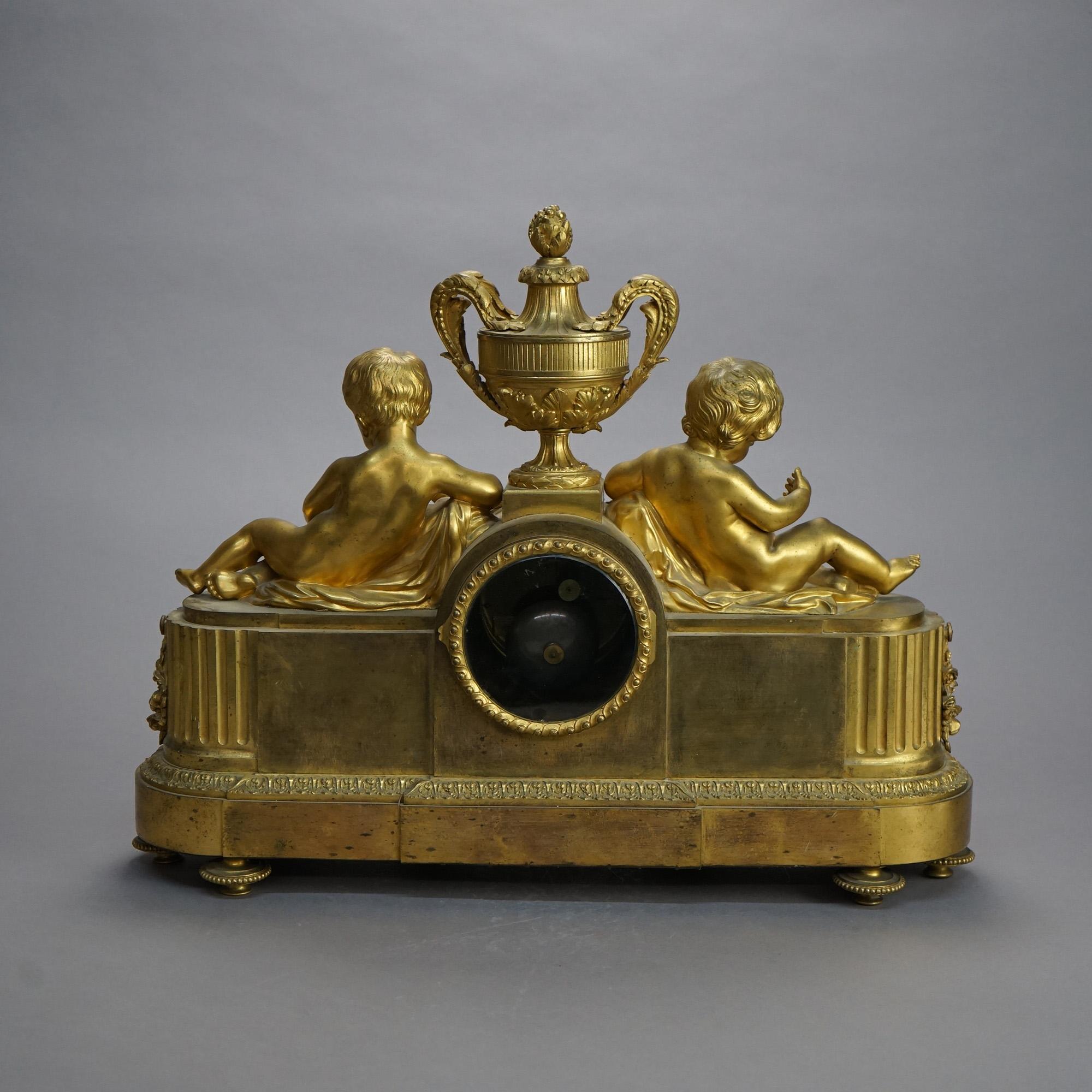 Antique French Louis XIV Neoclassical Figural Gilt Bronze Mantle Clock 19th C 2