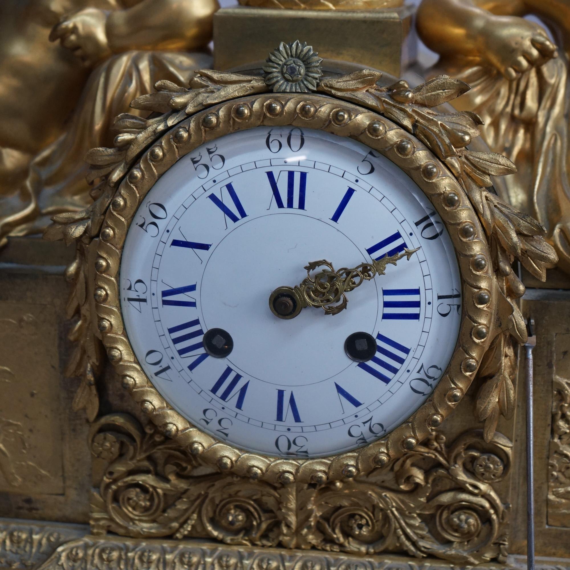 Antique French Louis XIV Neoclassical Figural Gilt Bronze Mantle Clock 19th C 4