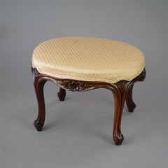 Antique French Louis XIV Oval Carved Walnut Footstool, circa 1900