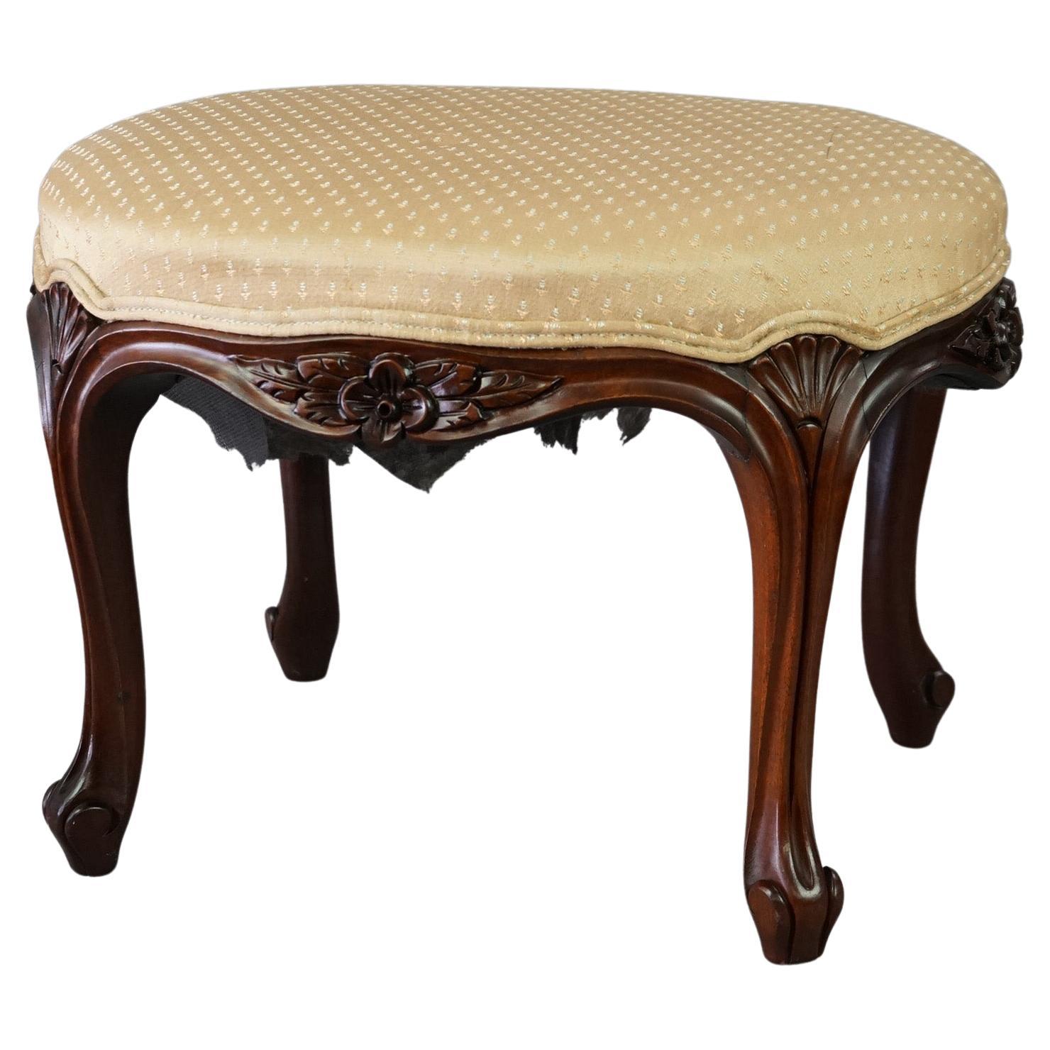 Antique French Louis XIV Oval Carved Walnut Footstool, circa 1900