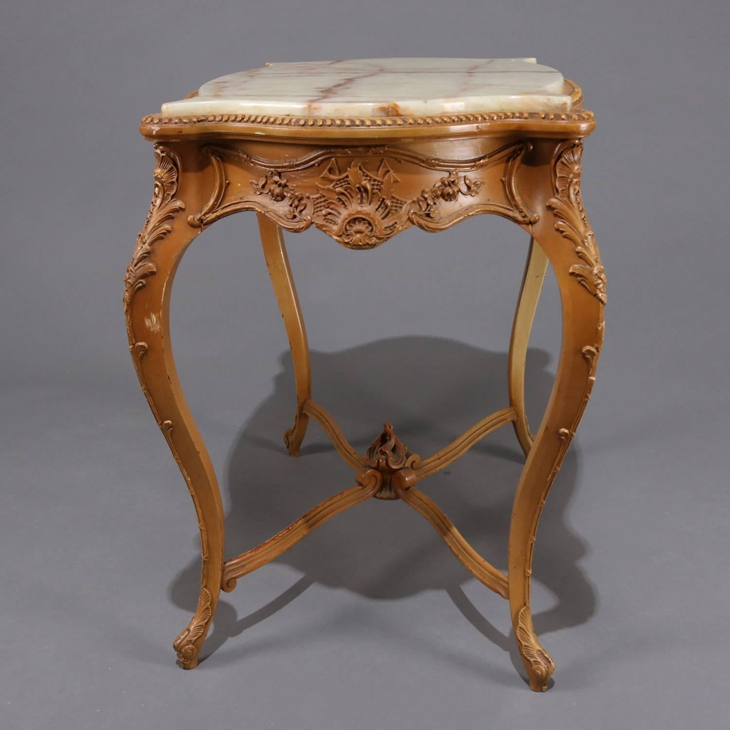 Antique French Louis XIV Painted Carved Giltwood Onyx Top Center Table In Good Condition In Big Flats, NY