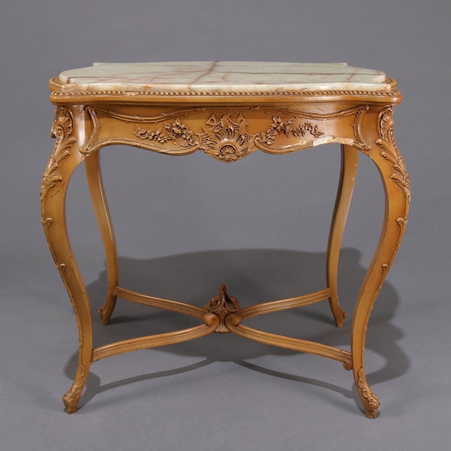 19th Century Antique French Louis XIV Painted Carved Giltwood Onyx Top Center Table