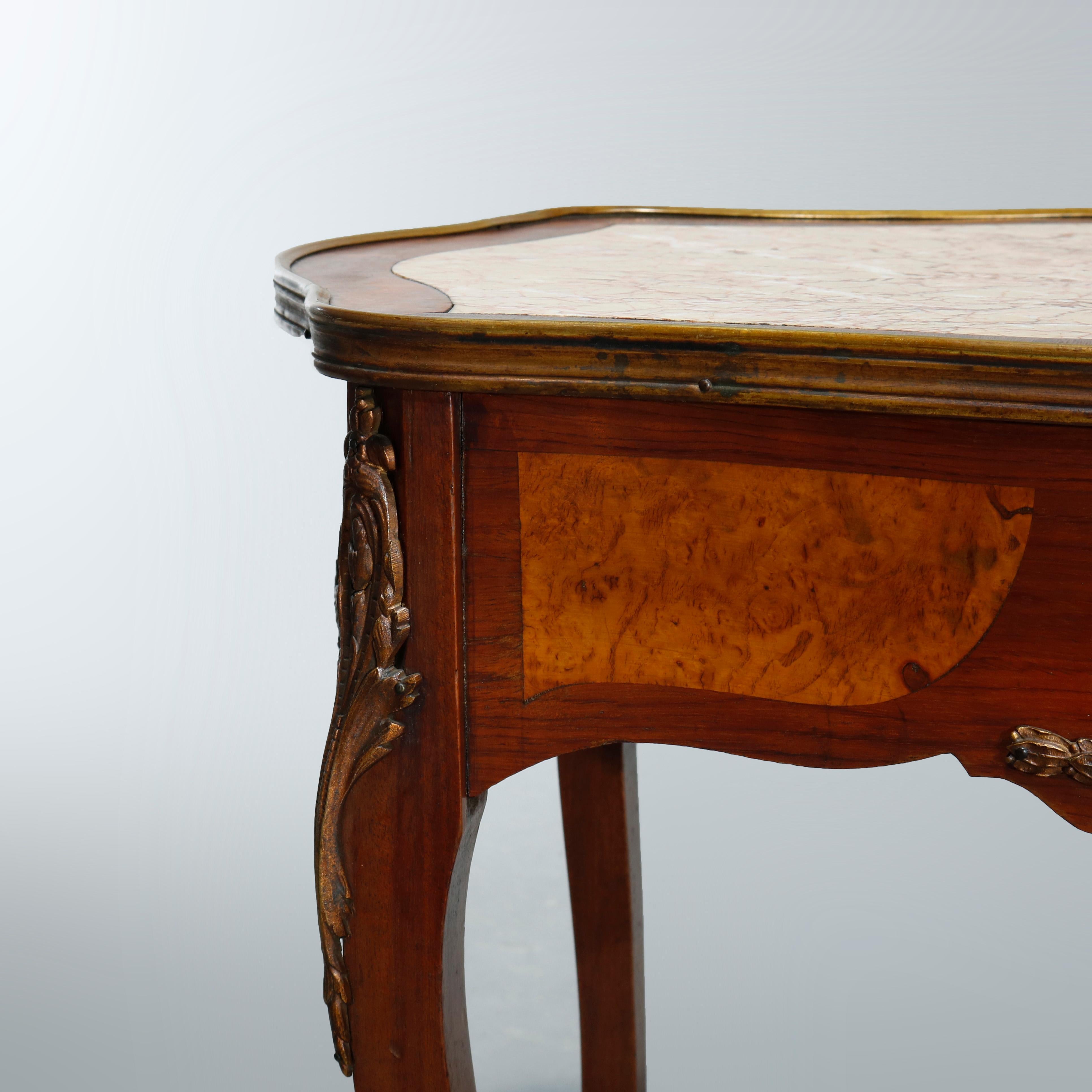 Carved Antique French Louis XIV Satinwood & Ormolu Marble Top Side Table, Circa 1900