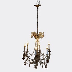 Antique French Louis XIV Style Brass & Crystal 6 Light Chandelier c1930