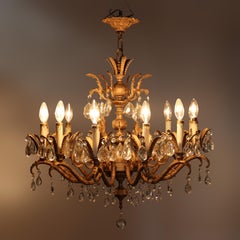 Antique French Louis XIV Style Bronze & Crystal 12-Light Chandelier c1930