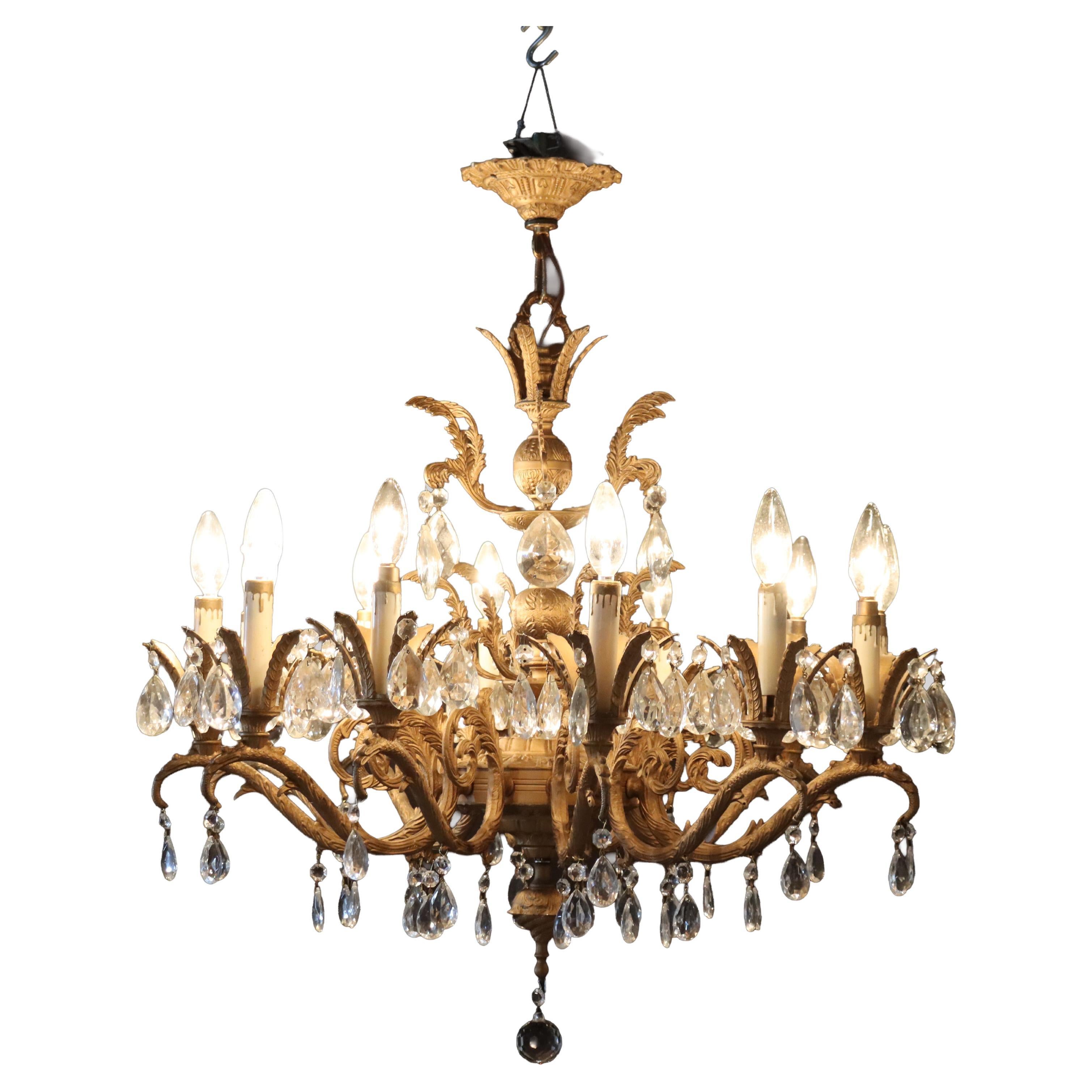 Antique French Louis XIV Style Bronze
Crystal 12-Light Chandelier c1930