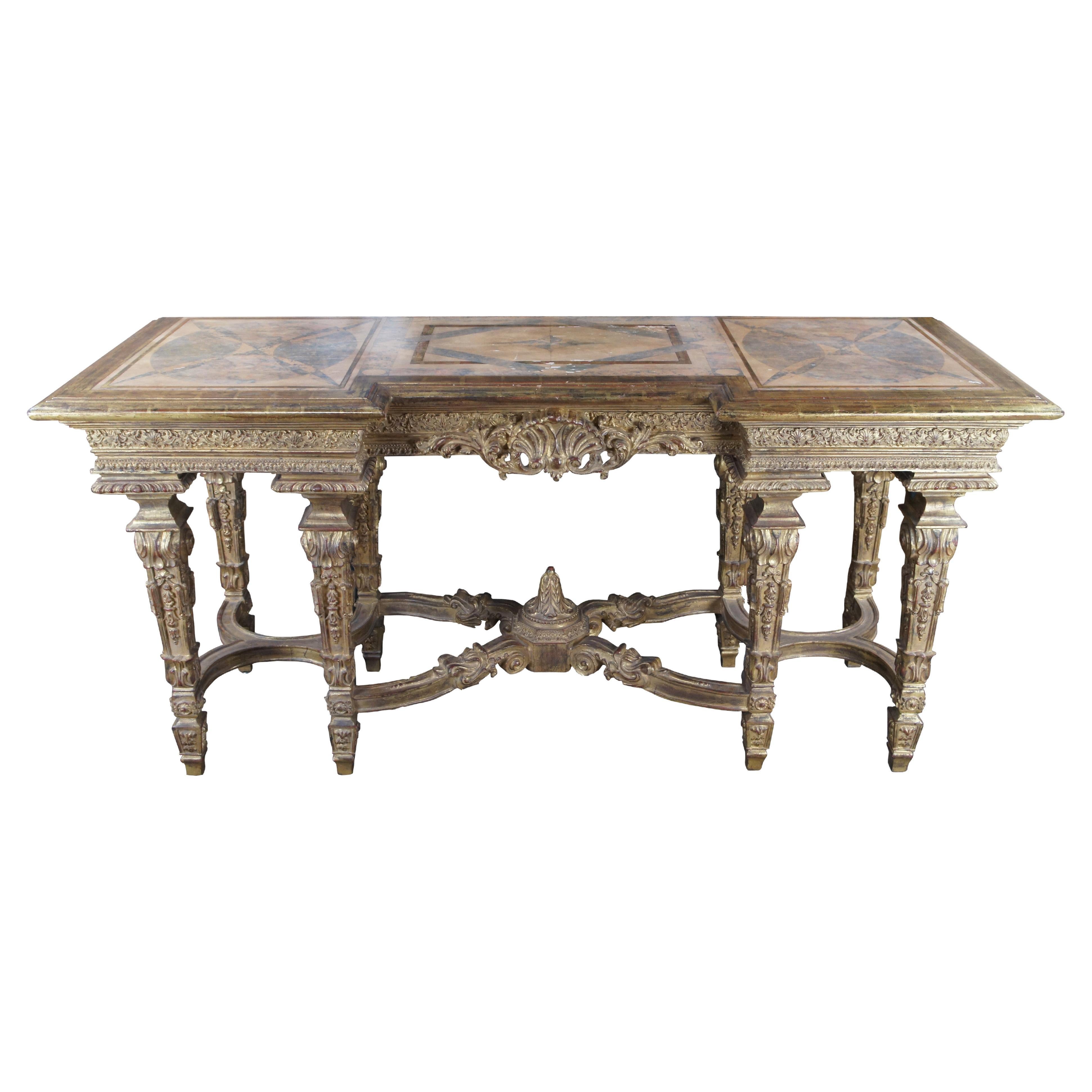 Ancienne table console française de style Louis XIV en bois doré sculpté et encadrée de 76 pouces en vente