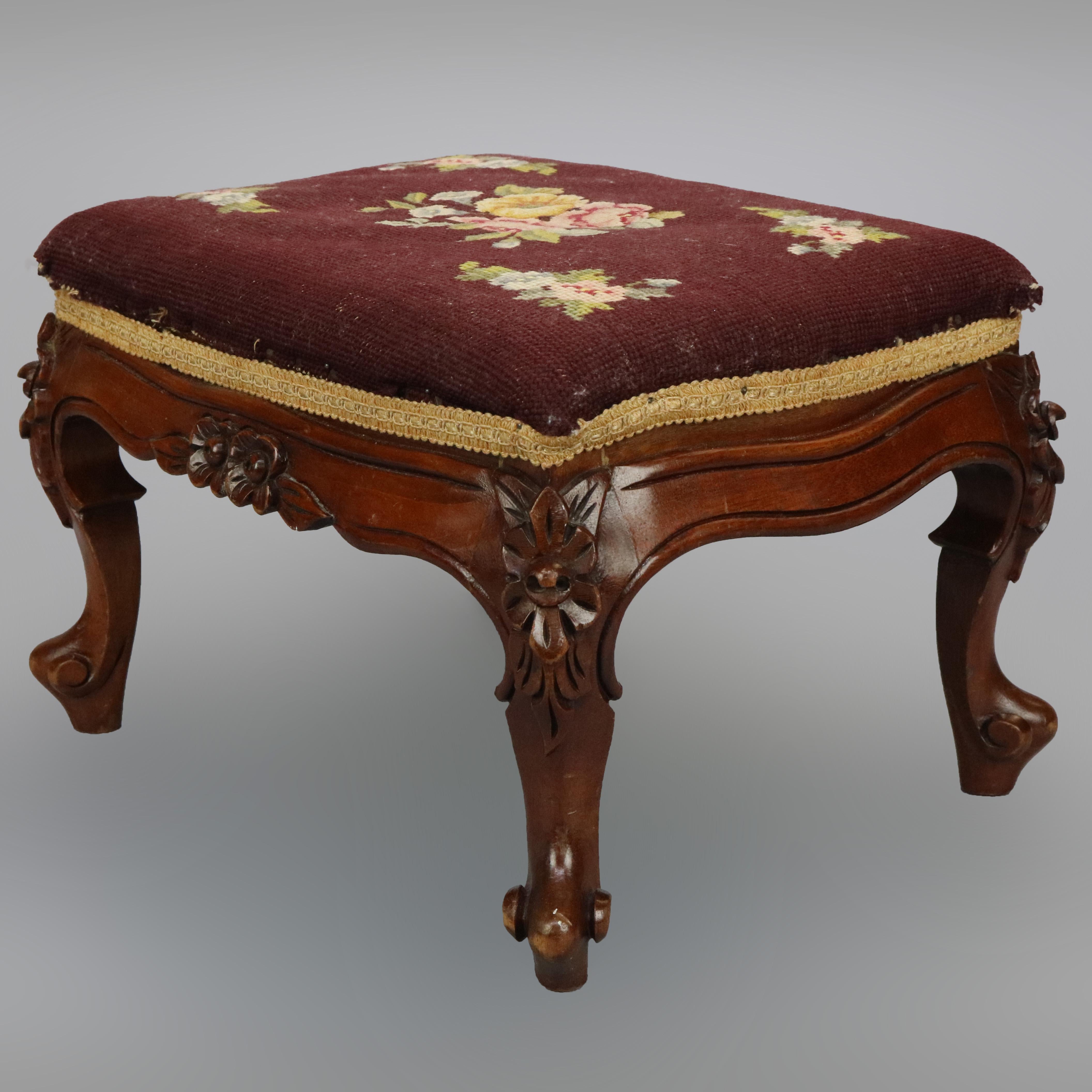 Antique French Louis XIV Style Carved Needlepoint Footstool, Circa 1900 1