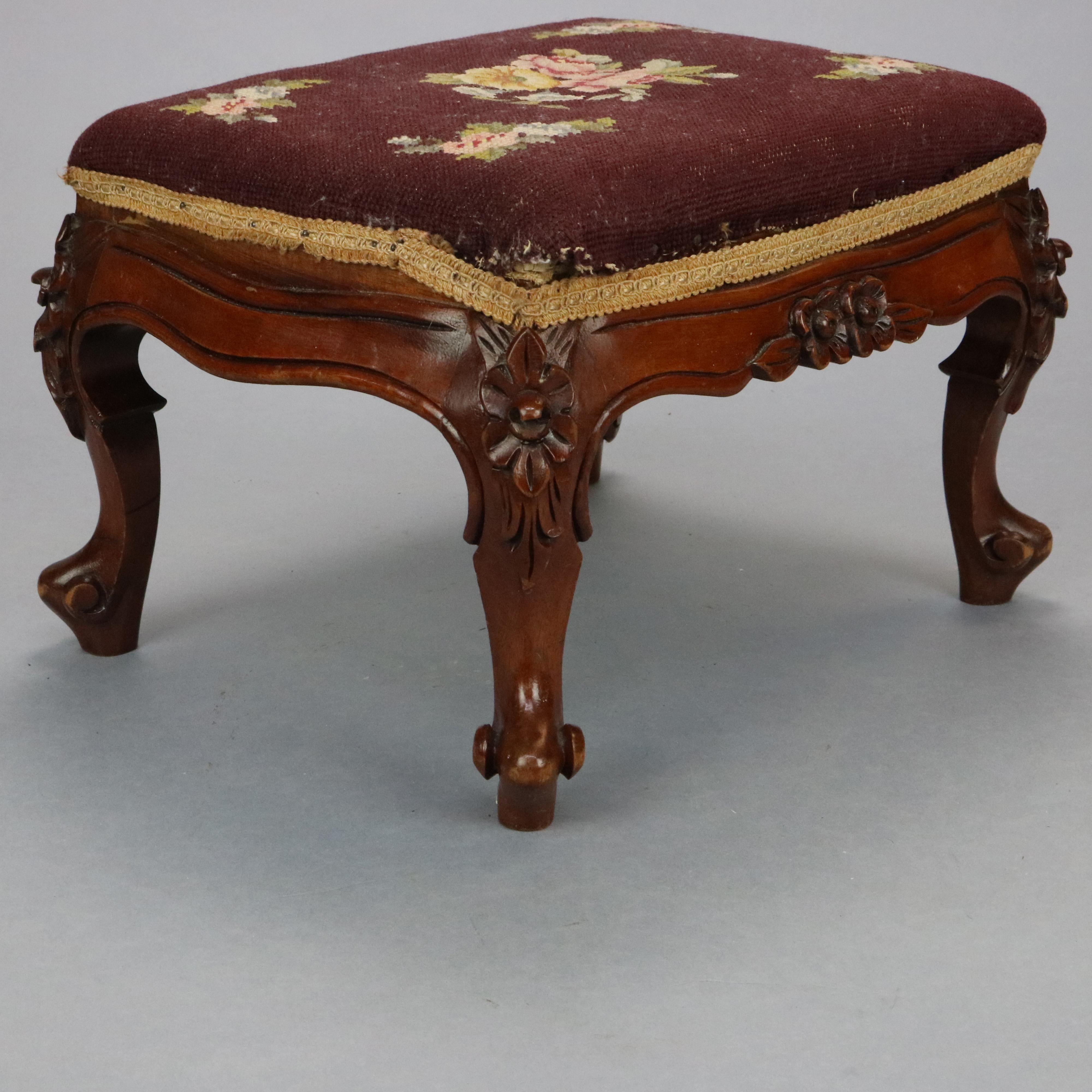 Upholstery Antique French Louis XIV Style Carved Needlepoint Footstool, Circa 1900