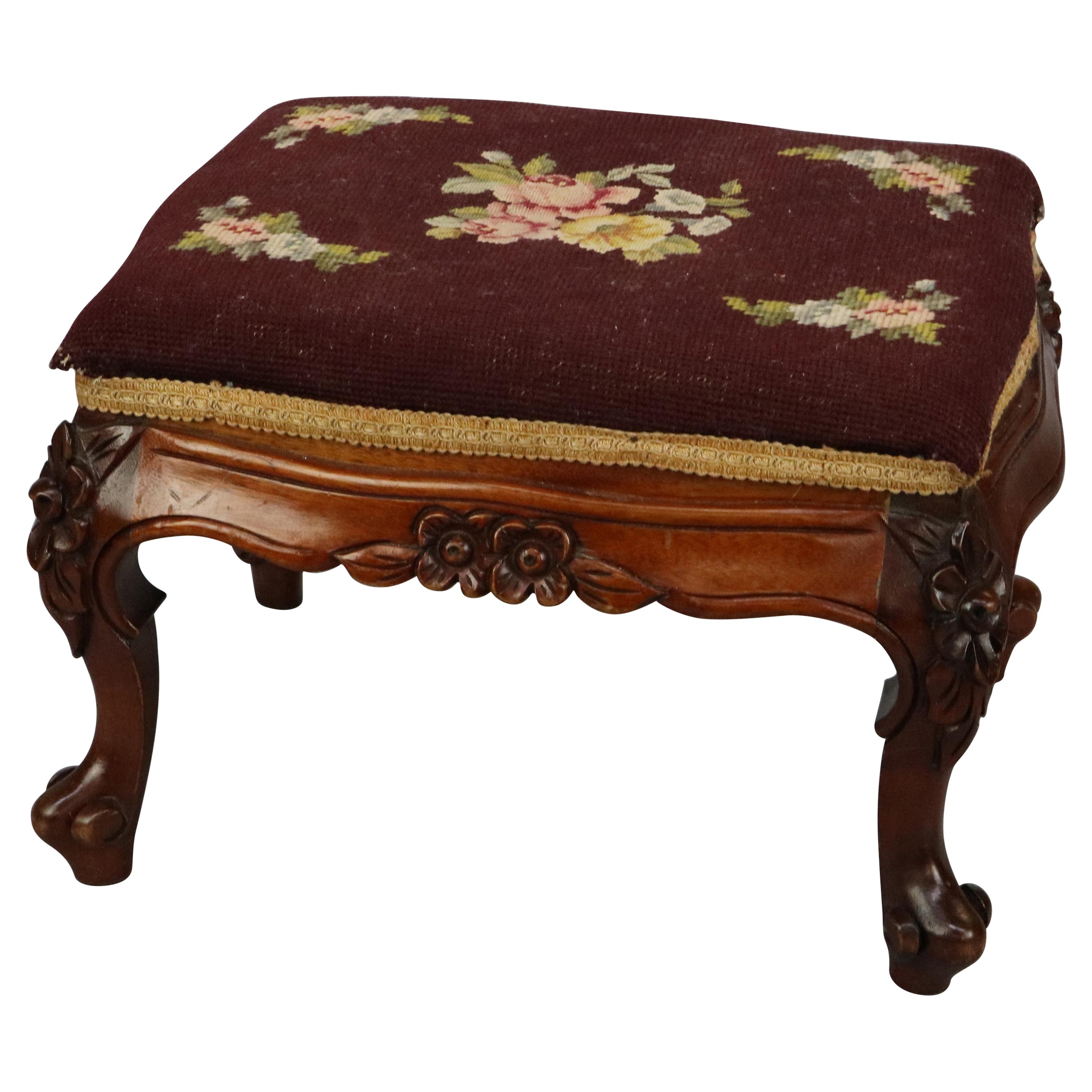 Antique French Louis XIV Style Carved Needlepoint Footstool, Circa 1900