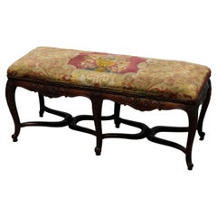 Antique French Louis XIV Style Carved Walnut & Tapestry Long Bench, Circa 1890