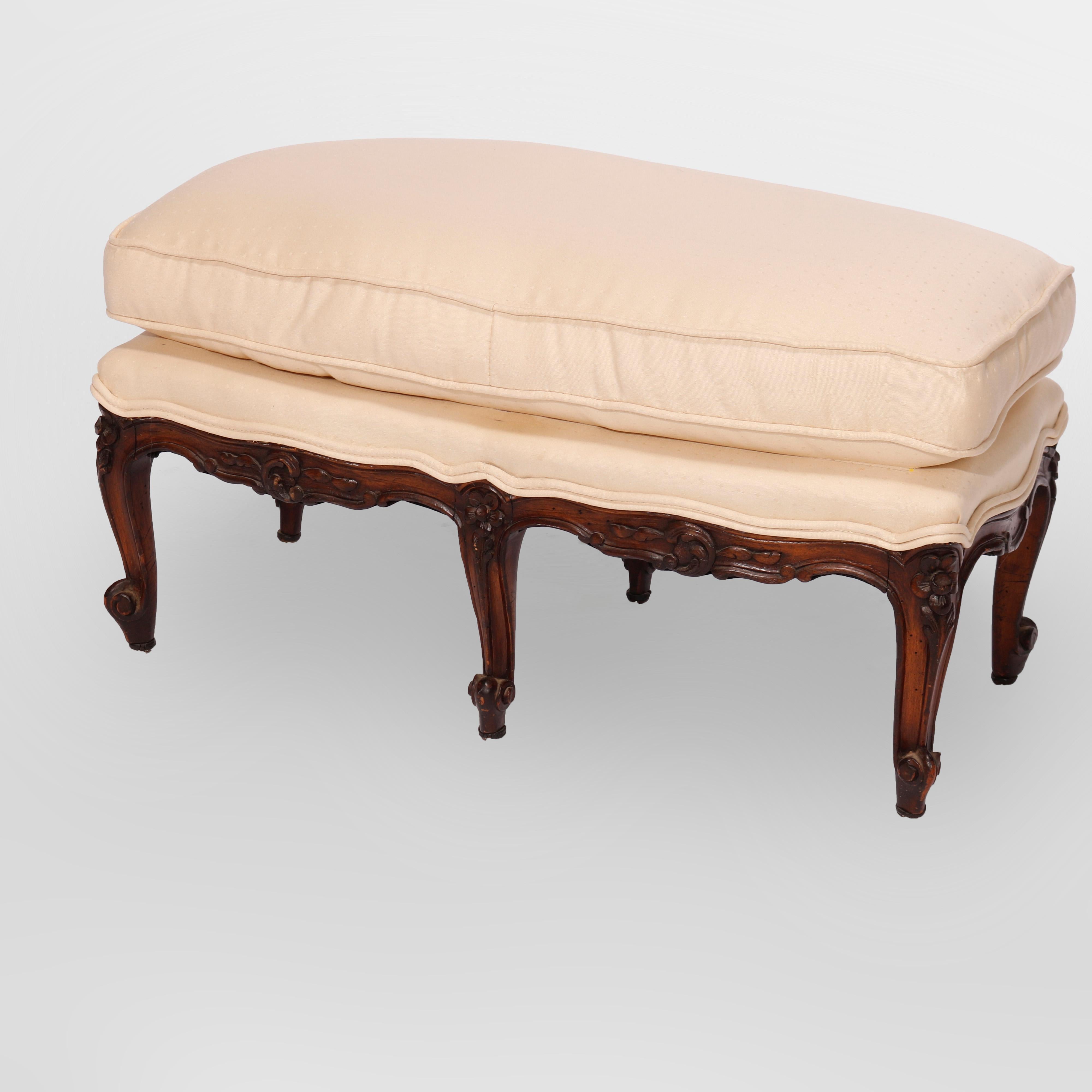 Antique French Louis XIV Style Carved Walnut & Upholstered Ottoman 19th C In Good Condition In Big Flats, NY