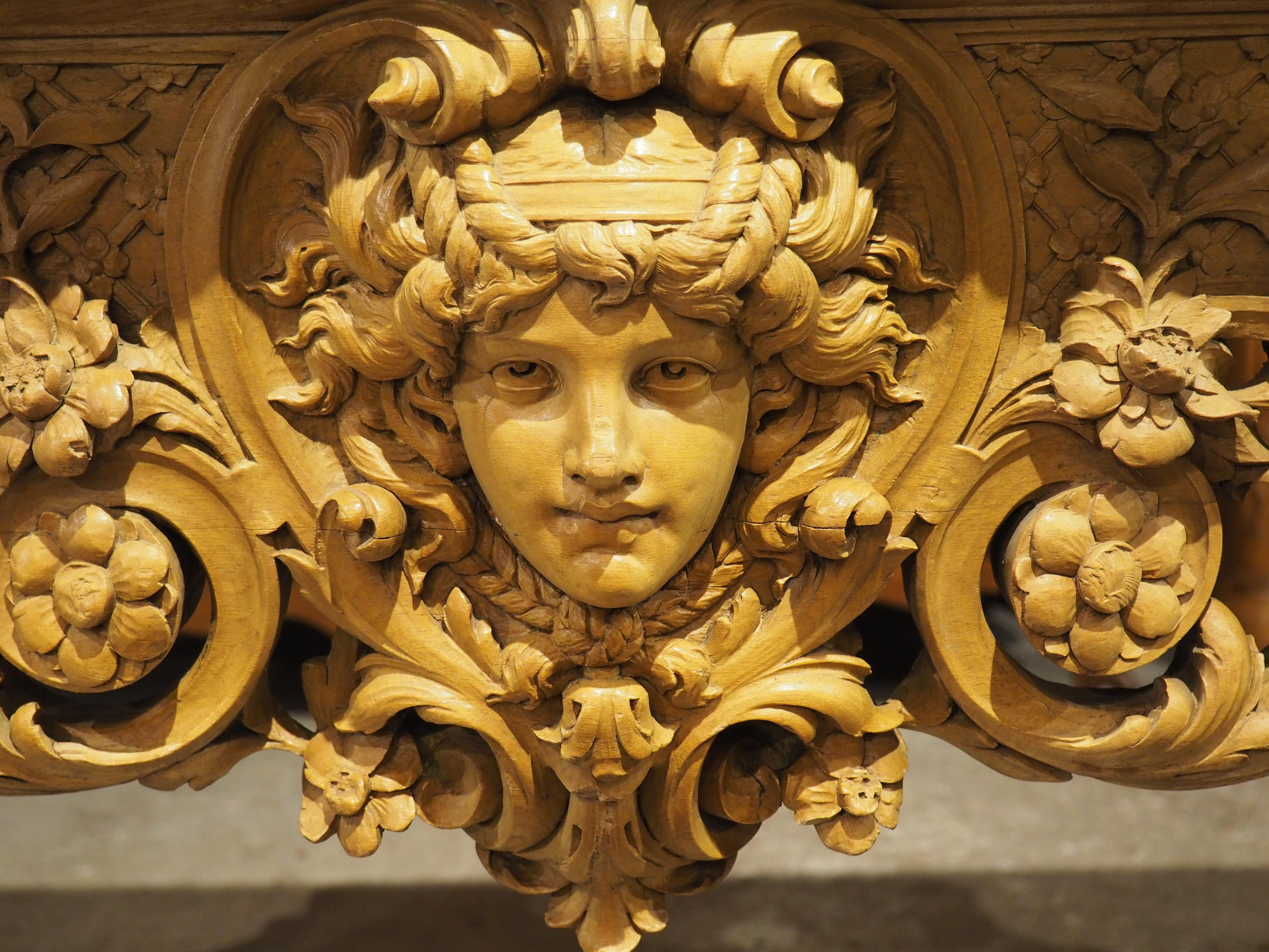 Hand-Carved Antique French Louis XIV Style Console in Blonde Walnut and Marble, Circa 1880 For Sale