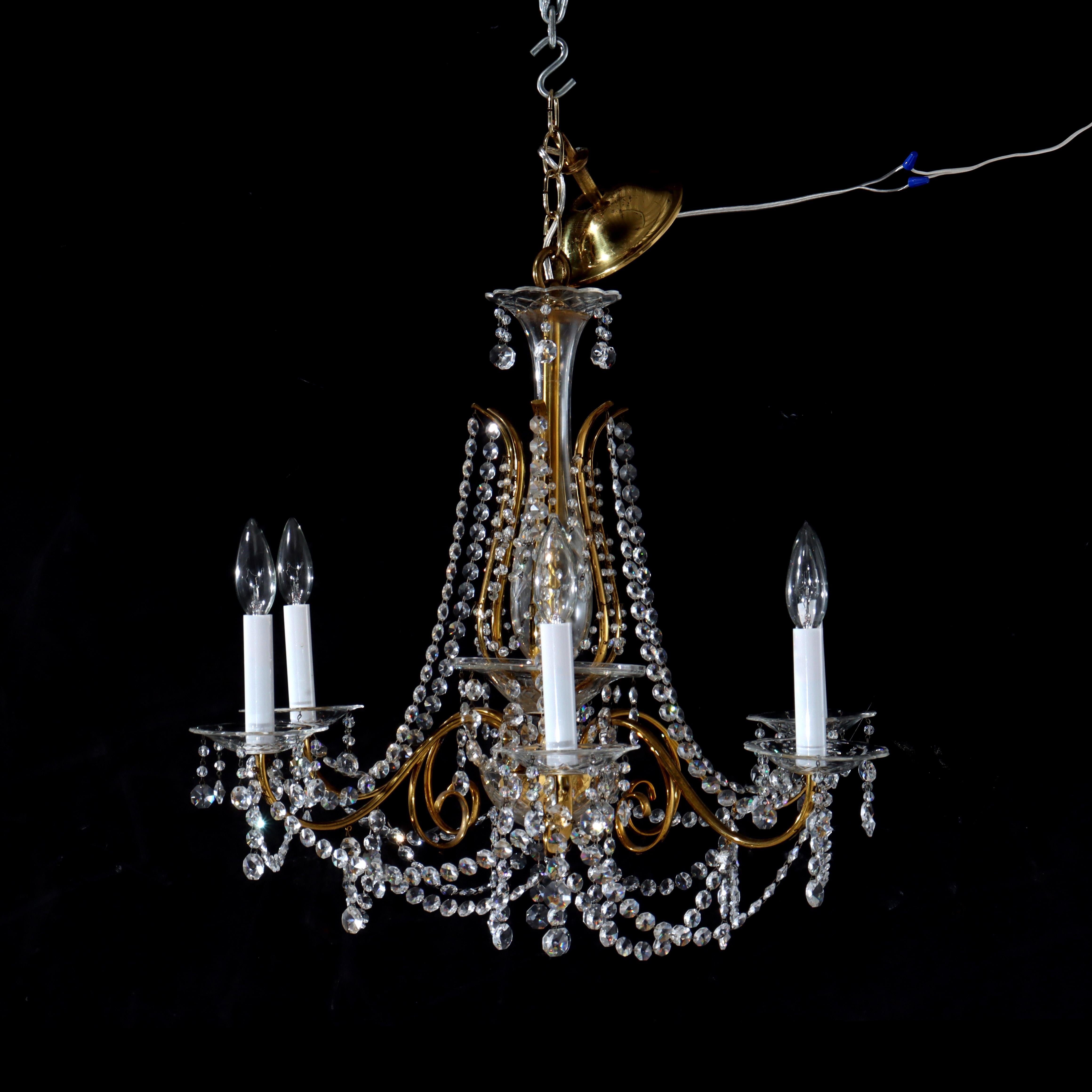 Antique French Louis XIV Style Crystal & Brass Six Light Chandelier C1840 en venta 4
