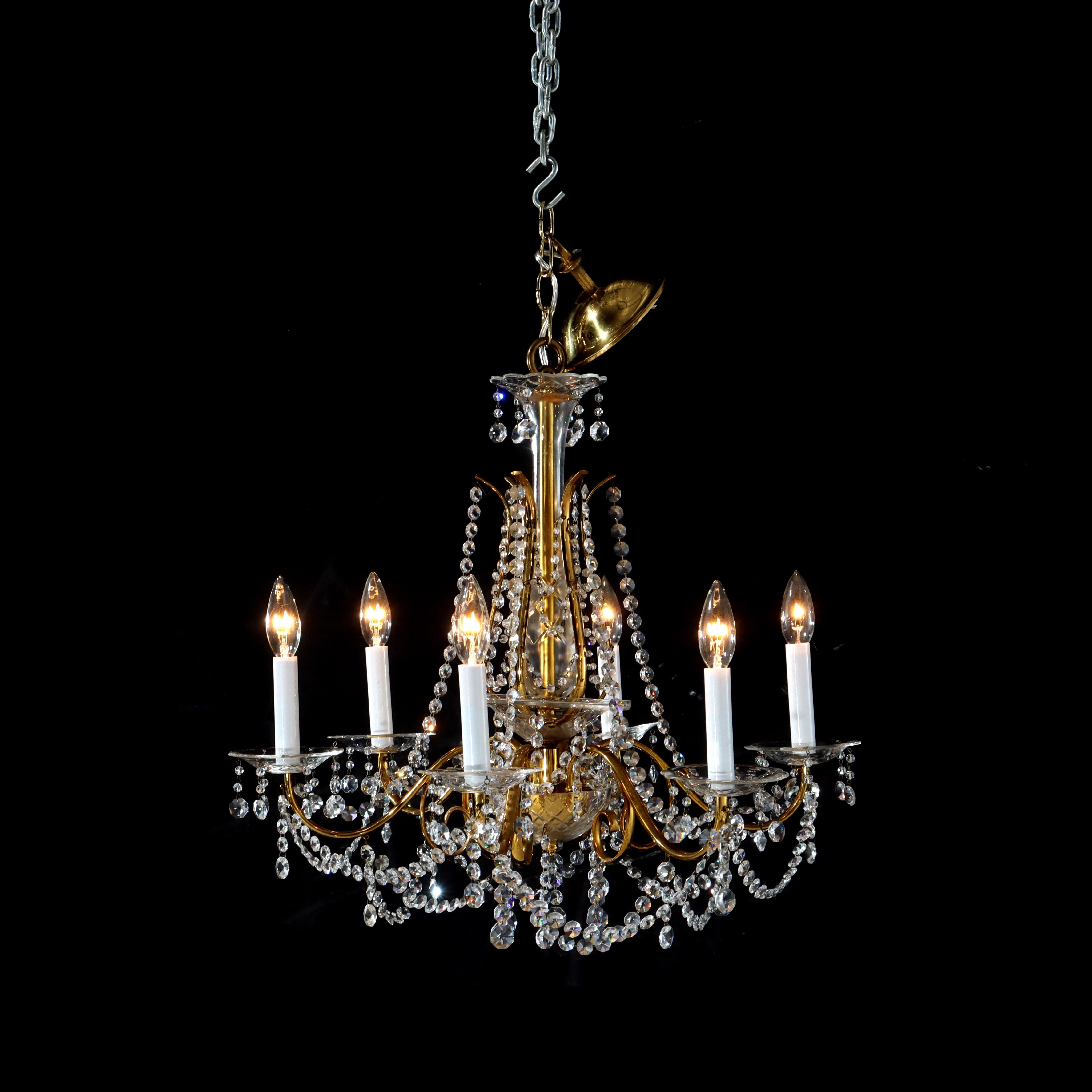 Antique French Louis XIV Style Crystal & Brass Six Light Chandelier C1840 en venta 5