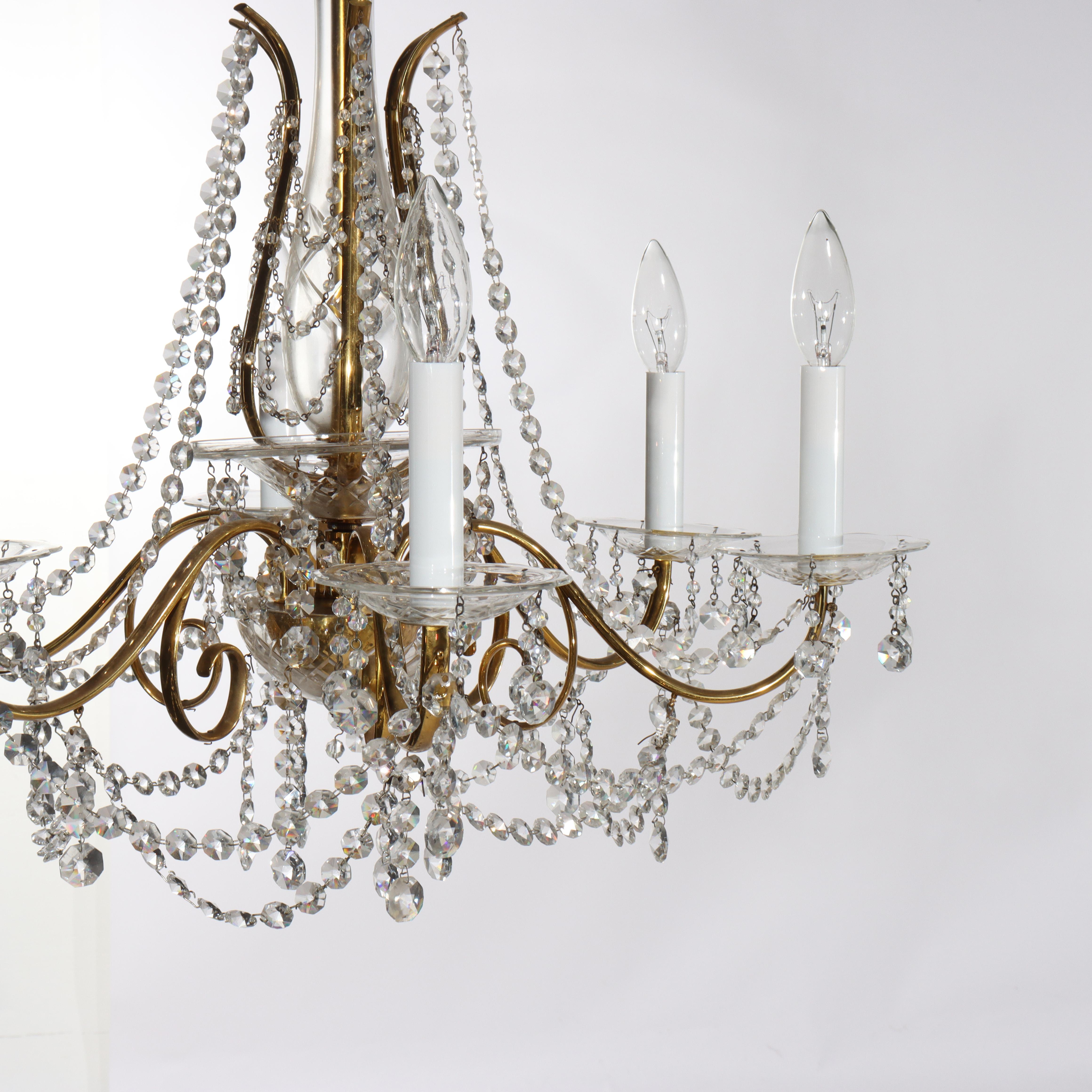 Antique French Louis XIV Style Crystal & Brass Six Light Chandelier C1840 Luis XIV en venta