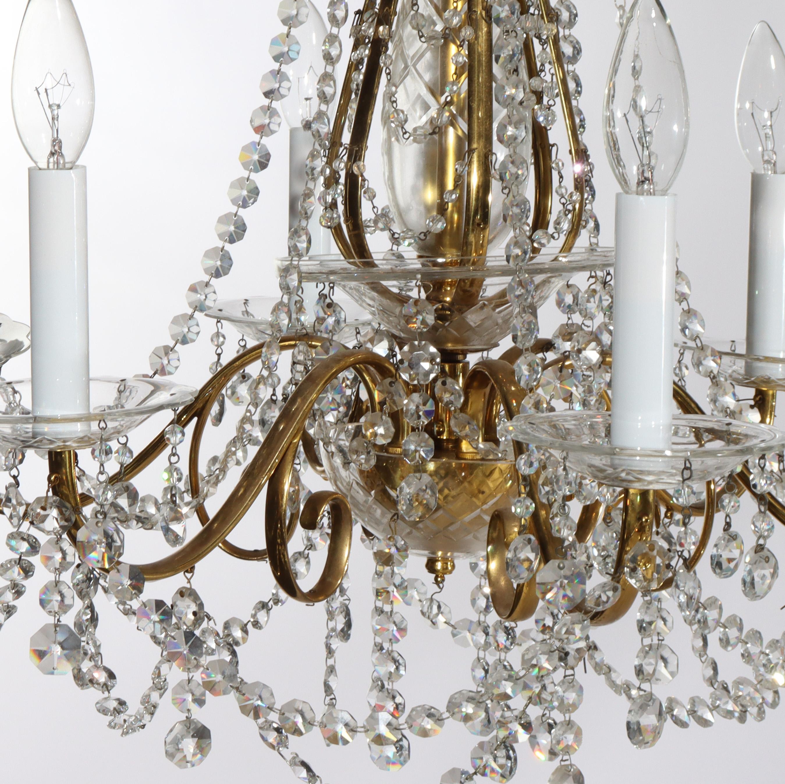 Antique French Louis XIV Style Crystal & Brass Six Light Chandelier C1840 Estadounidense en venta