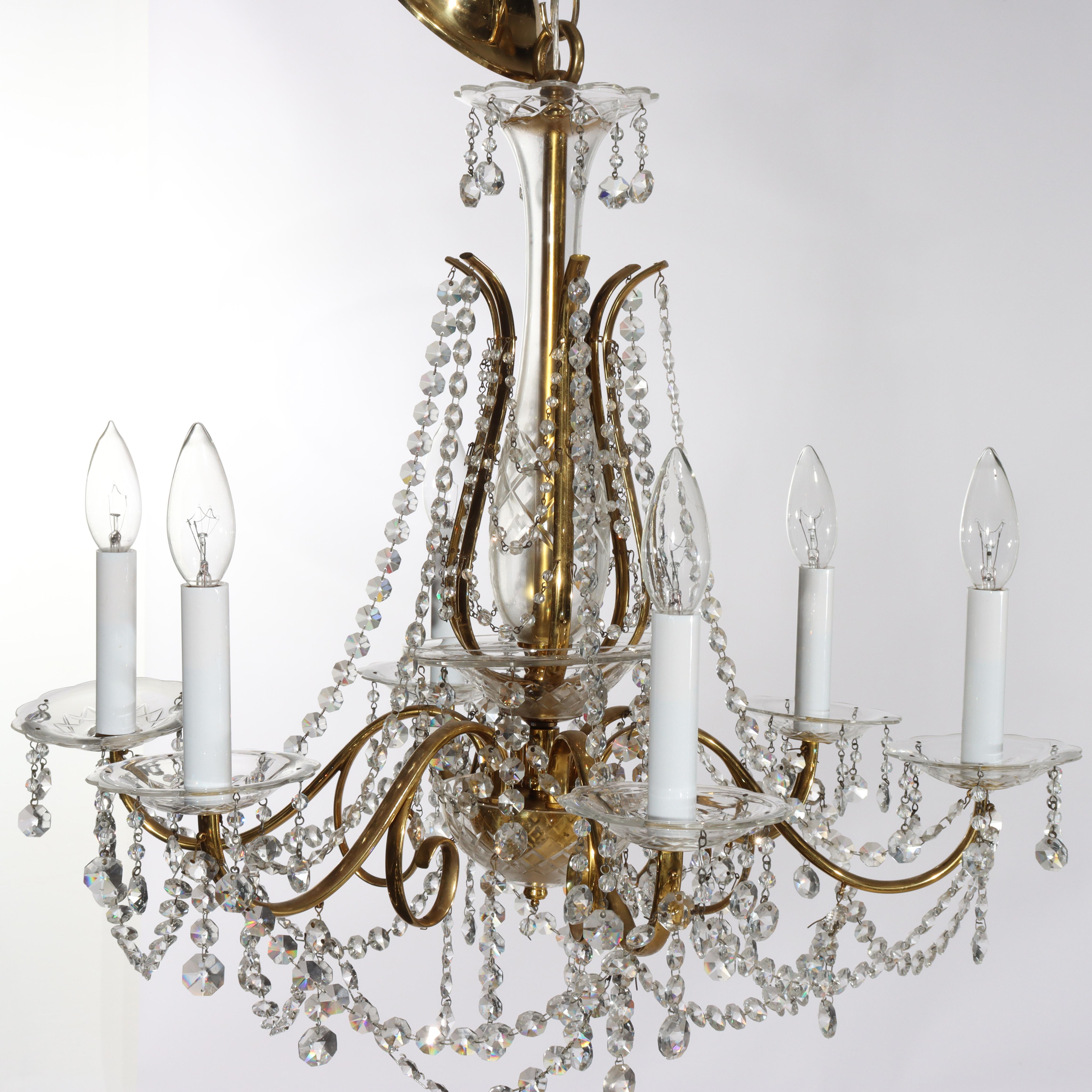 Antique French Louis XIV Style Crystal & Brass Six Light Chandelier C1840 en Bueno estado para la venta en Big Flats, NY