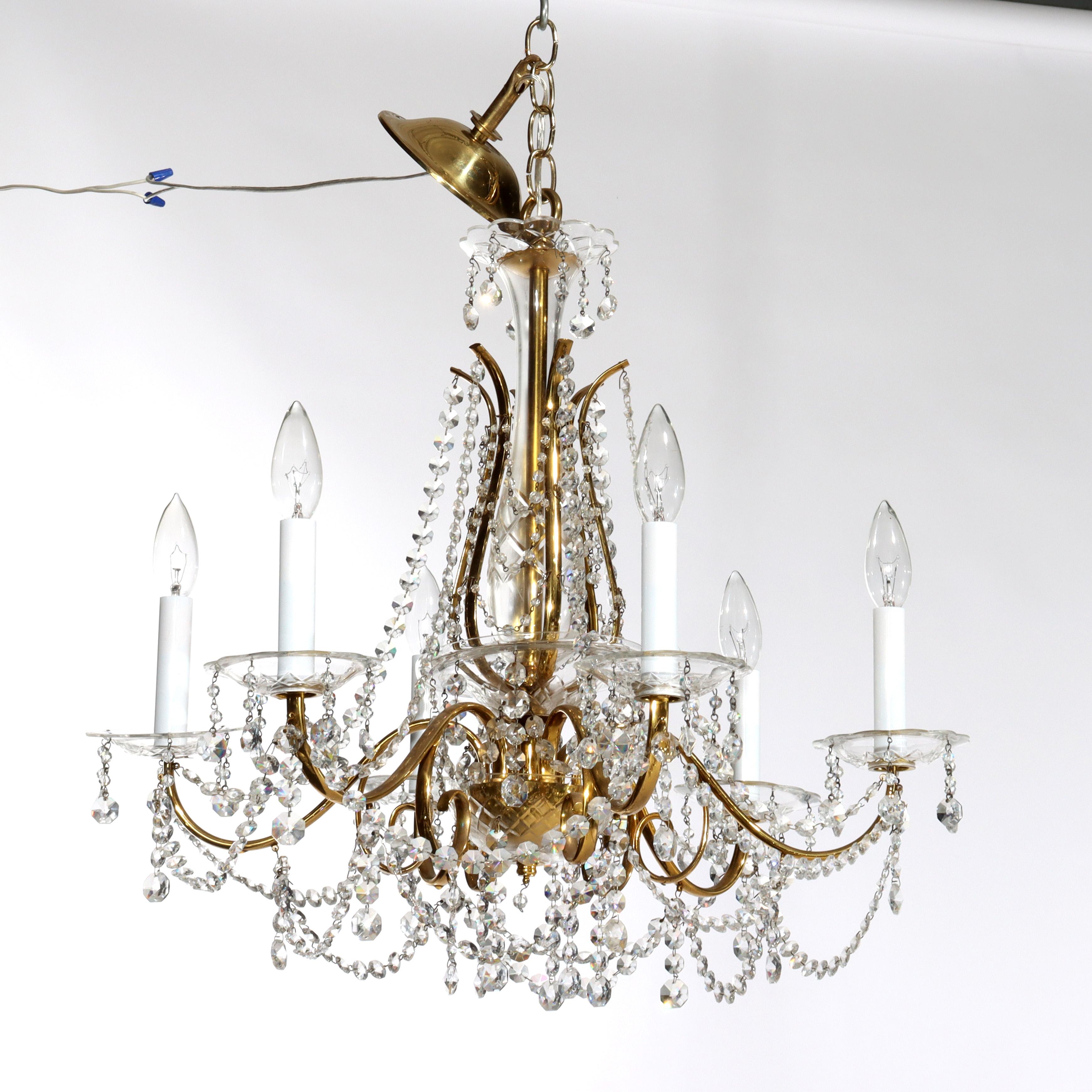 Antique French Louis XIV Style Crystal & Brass Six Light Chandelier C1840 Latón en venta