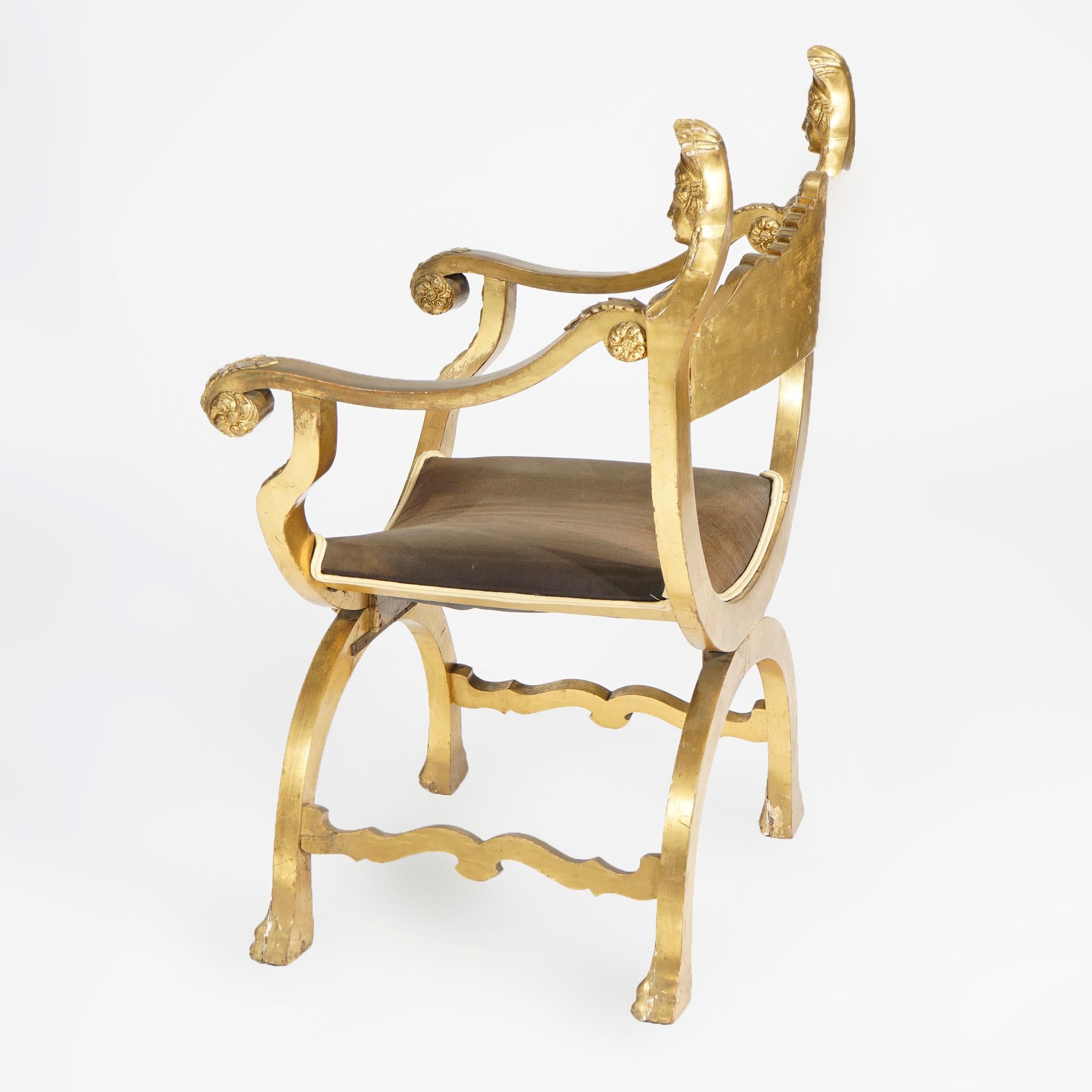 Antique French Louis XIV Style Figural Queen Giltwood Curule Throne Chair 19th C In Good Condition In Big Flats, NY