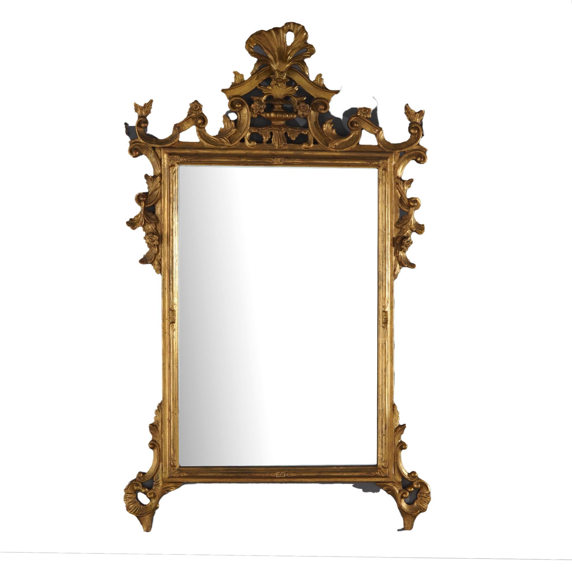 Antique French Louis XIV Style Foliate-Form Giltwood Wall Mirror C1920 In Good Condition For Sale In Big Flats, NY