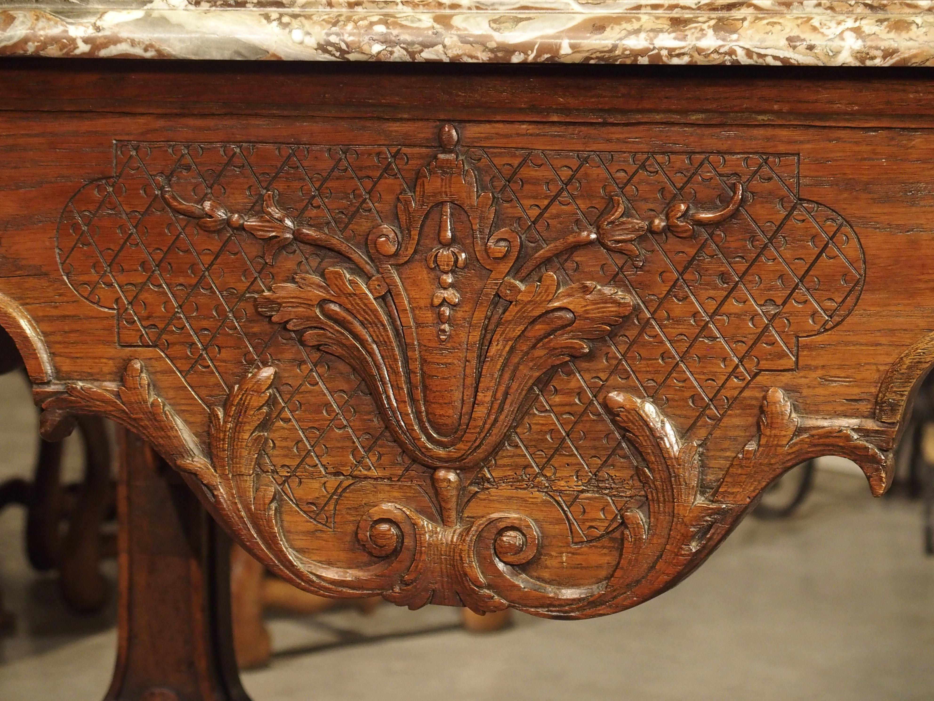 Antigua Mesa Gibier Francesa Estilo Luis XIV en Roble Tallado, circa 1870 Mármol en venta