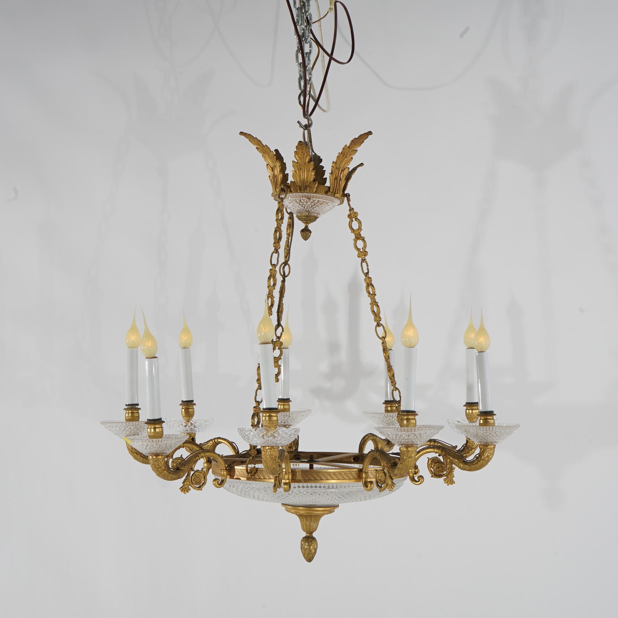 ***Ask About Reduced In-House Delivery Rates - Reliable Professional Service & Fully Insured***

Antique French Louis XIV Style Gilt Bronze & Crystal Nine-Light Chandelier with Foliate Elements, c1910

Measures - 37