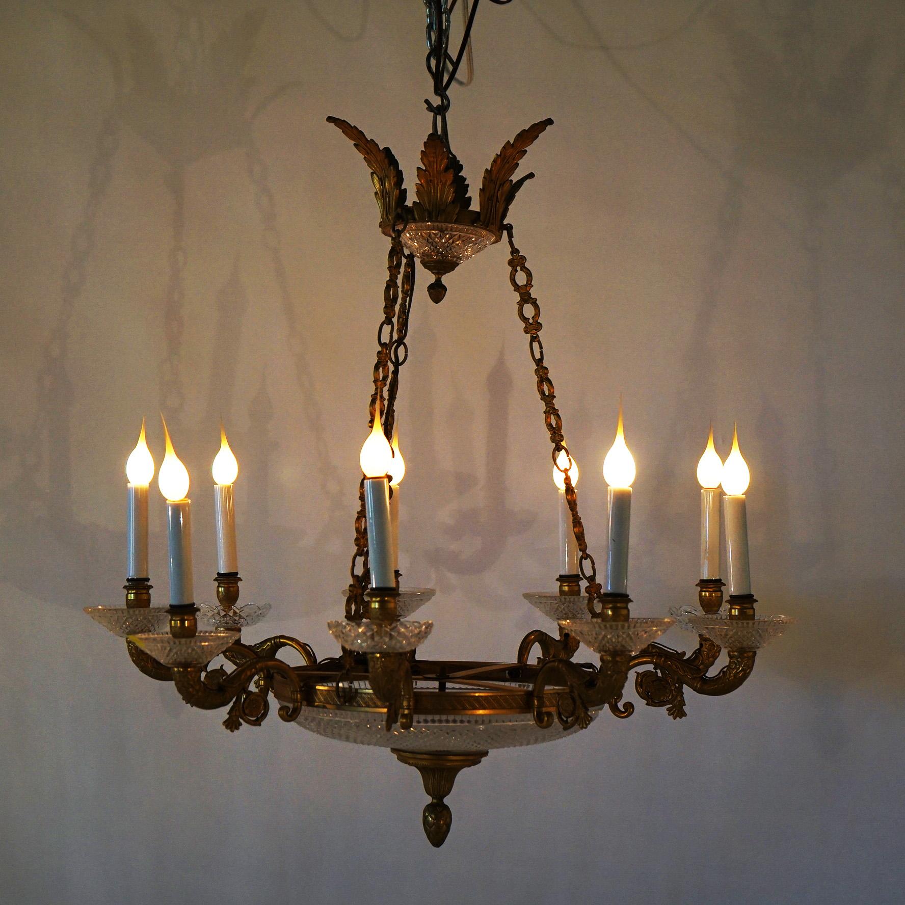 American Antique French Louis XIV Style Gilt Bronze & Crystal Nine-Light Chandelier For Sale