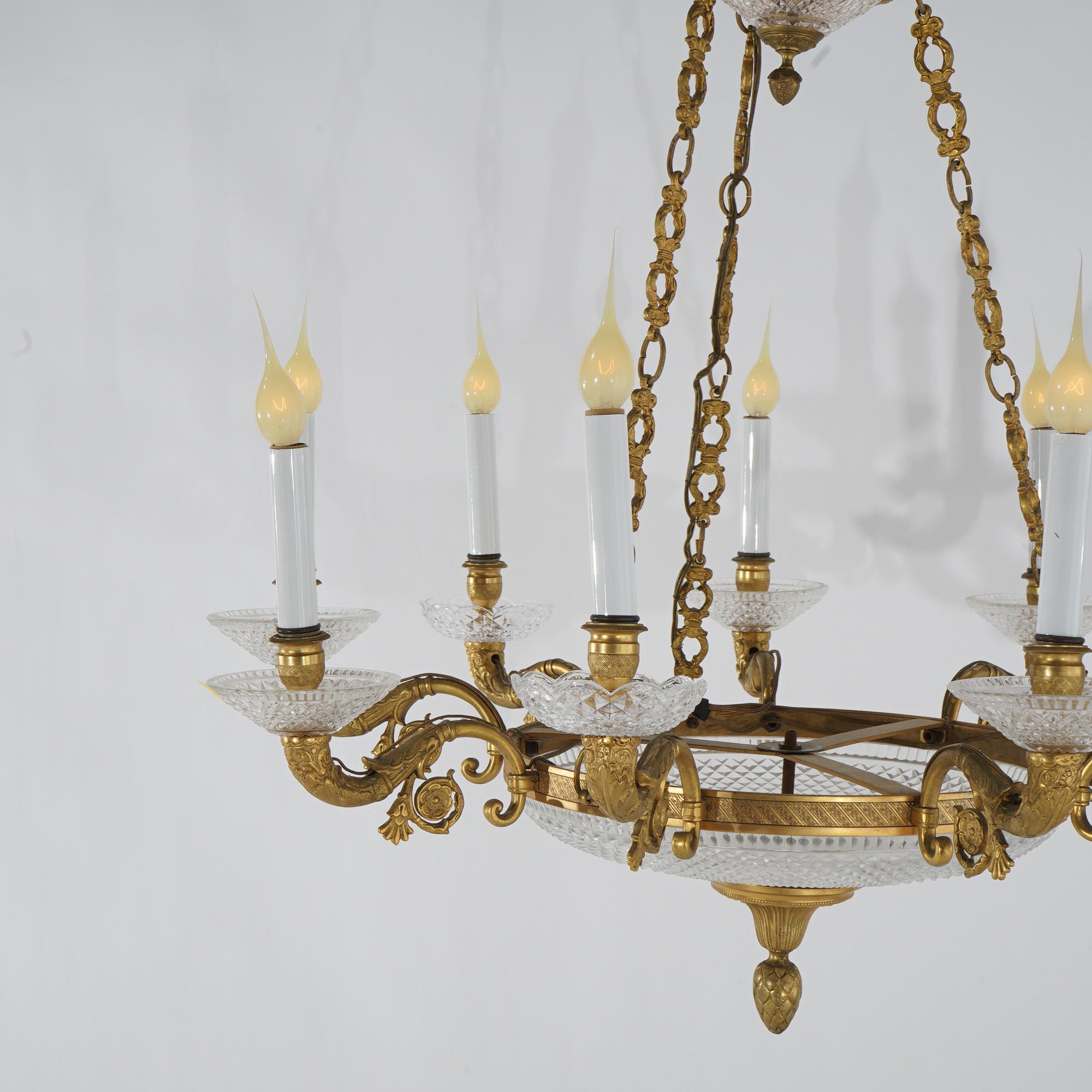 Antique French Louis XIV Style Gilt Bronze & Crystal Nine-Light Chandelier In Good Condition For Sale In Big Flats, NY