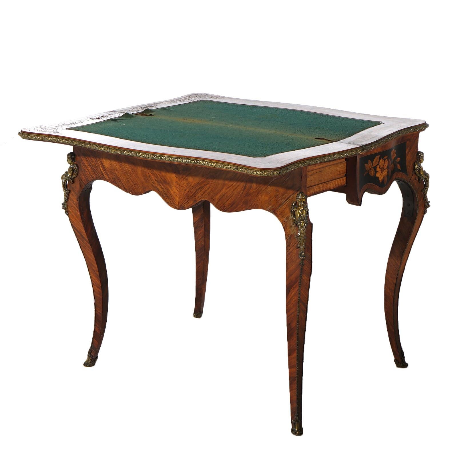 Antique French Louis XIV Style Kingwood & Ebony Marquetry Inlay Card Table C1870 In Good Condition For Sale In Big Flats, NY