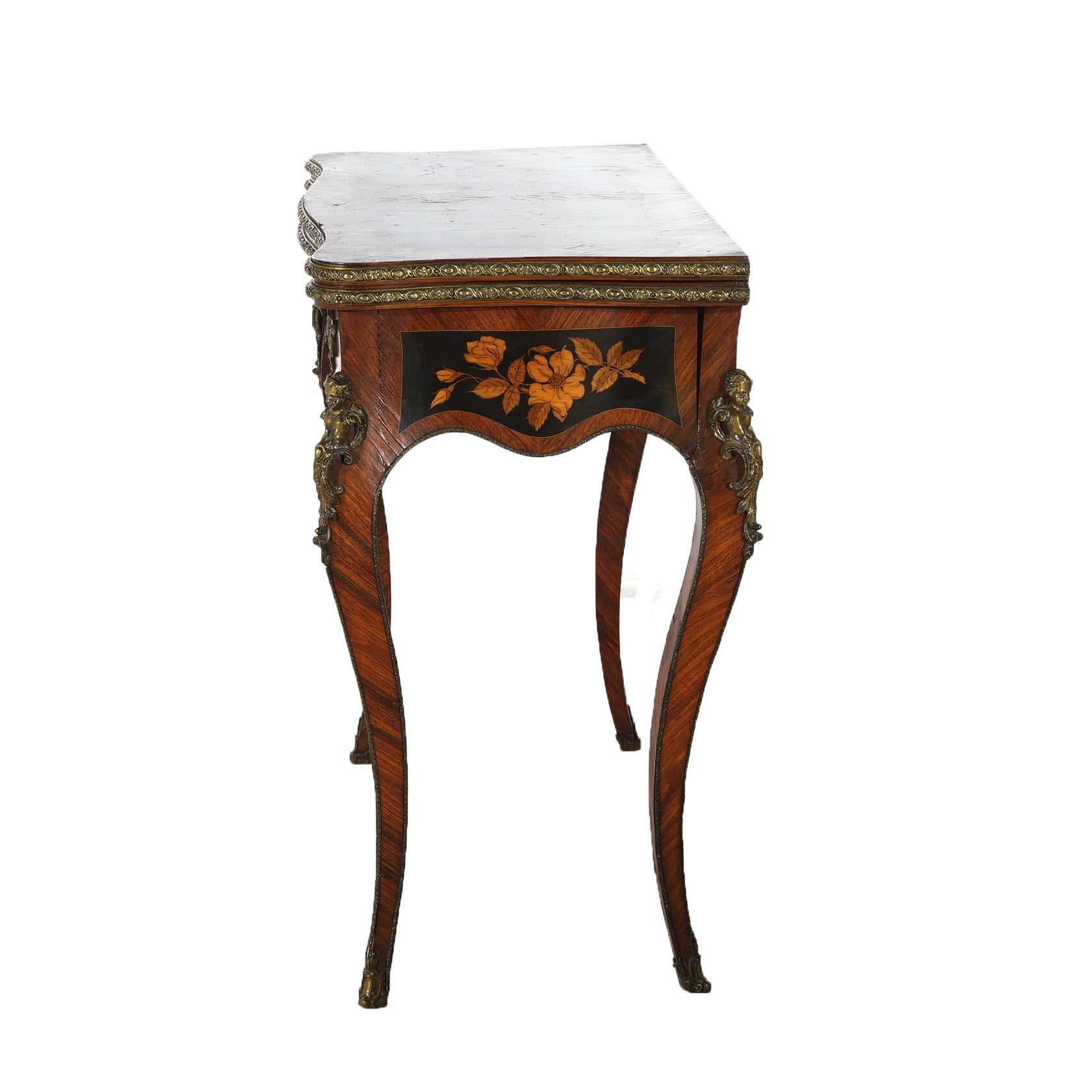 Ormolu Antique French Louis XIV Style Kingwood & Ebony Marquetry Inlay Card Table C1870 For Sale