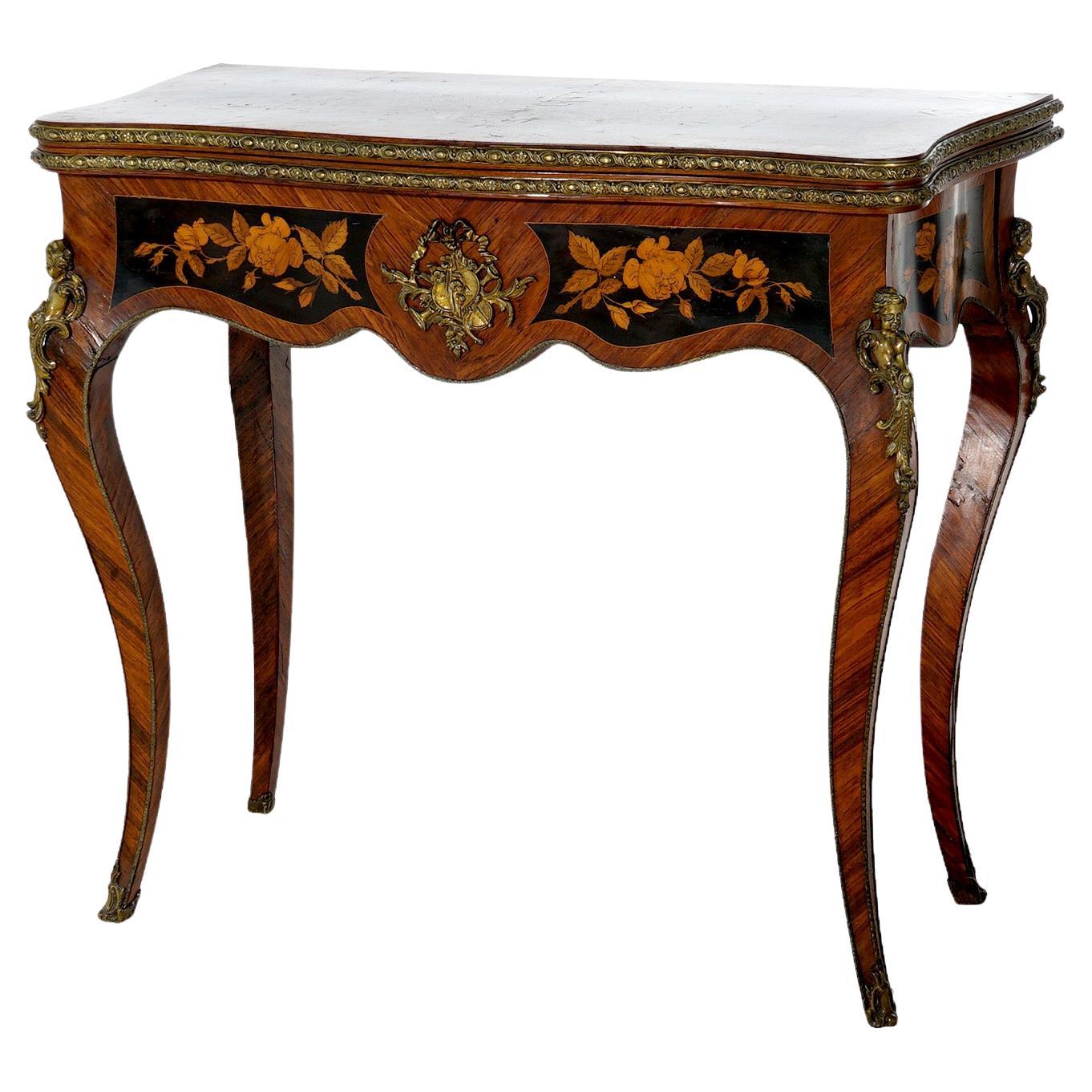 Antique French Louis XIV Style Kingwood & Ebony Marquetry Inlay Card Table C1870 For Sale