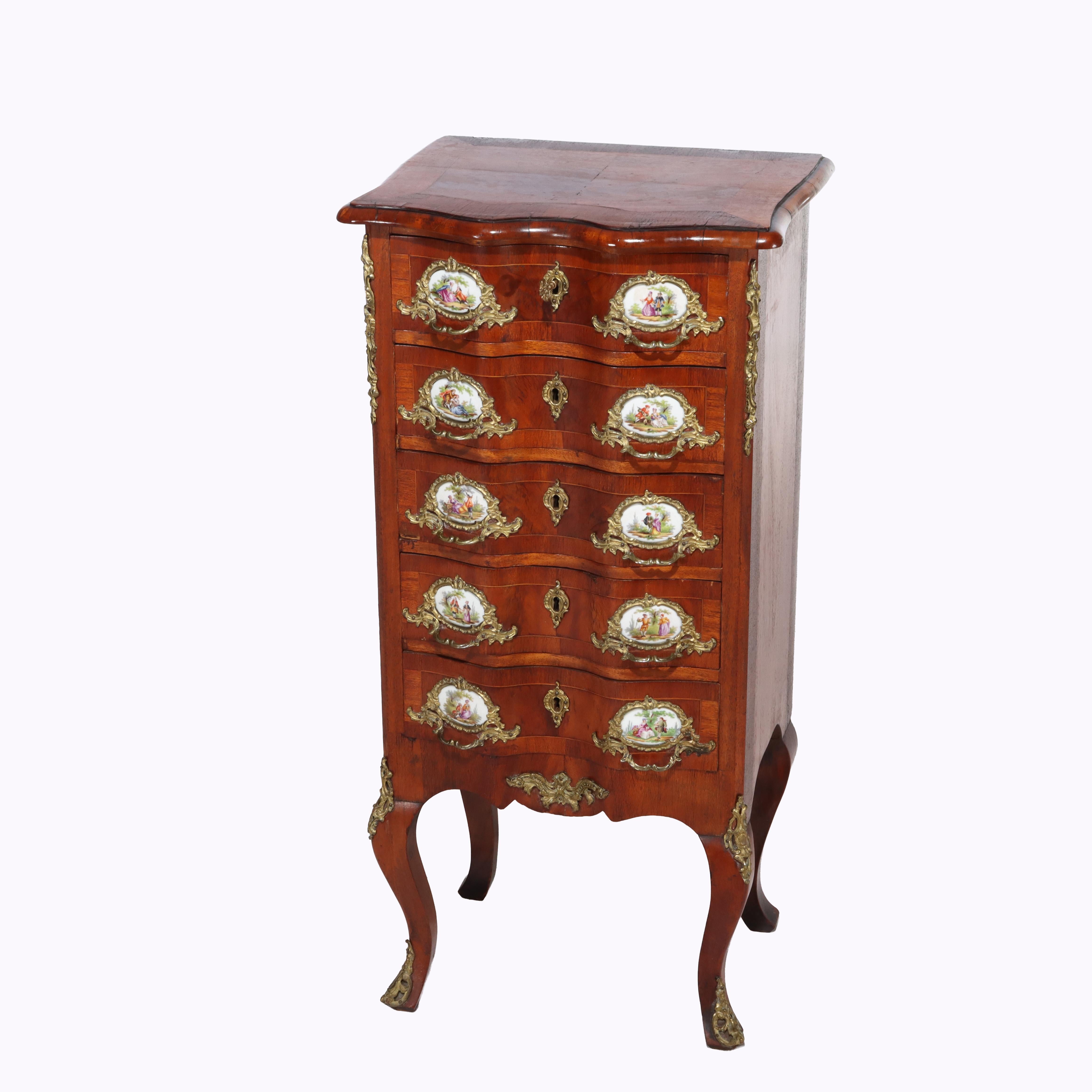 ***Reduced In-House Delivery Rates - Click on “Ask Seller” to Request a Quote***
Antique French Louis XIV Style Mahogany & Ormolu Five-Drawer Lingerie Chest with Scenic Painted Inserts Unsigned C1890
Measures - 37.5
