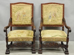 Antique French Louis XIV Style Needlepoint Tapestry Carved Walnut Arm Chair Pair