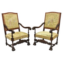 Antique French Louis XIV Style Needlepoint Tapestry Carved Walnut Arm Chair Pair