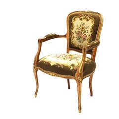 Antique French Louis XIV Style Parcel Gilt Walnut & Floral Tapestry Chair C1920