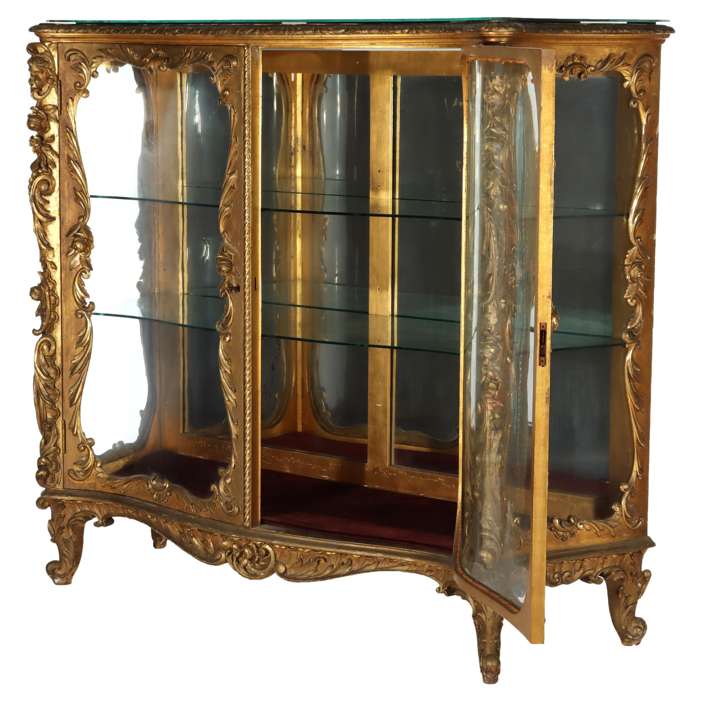 Antique French Louis XIV Style Rococo Figural & Floral Carved Gilt Wood Vitrine